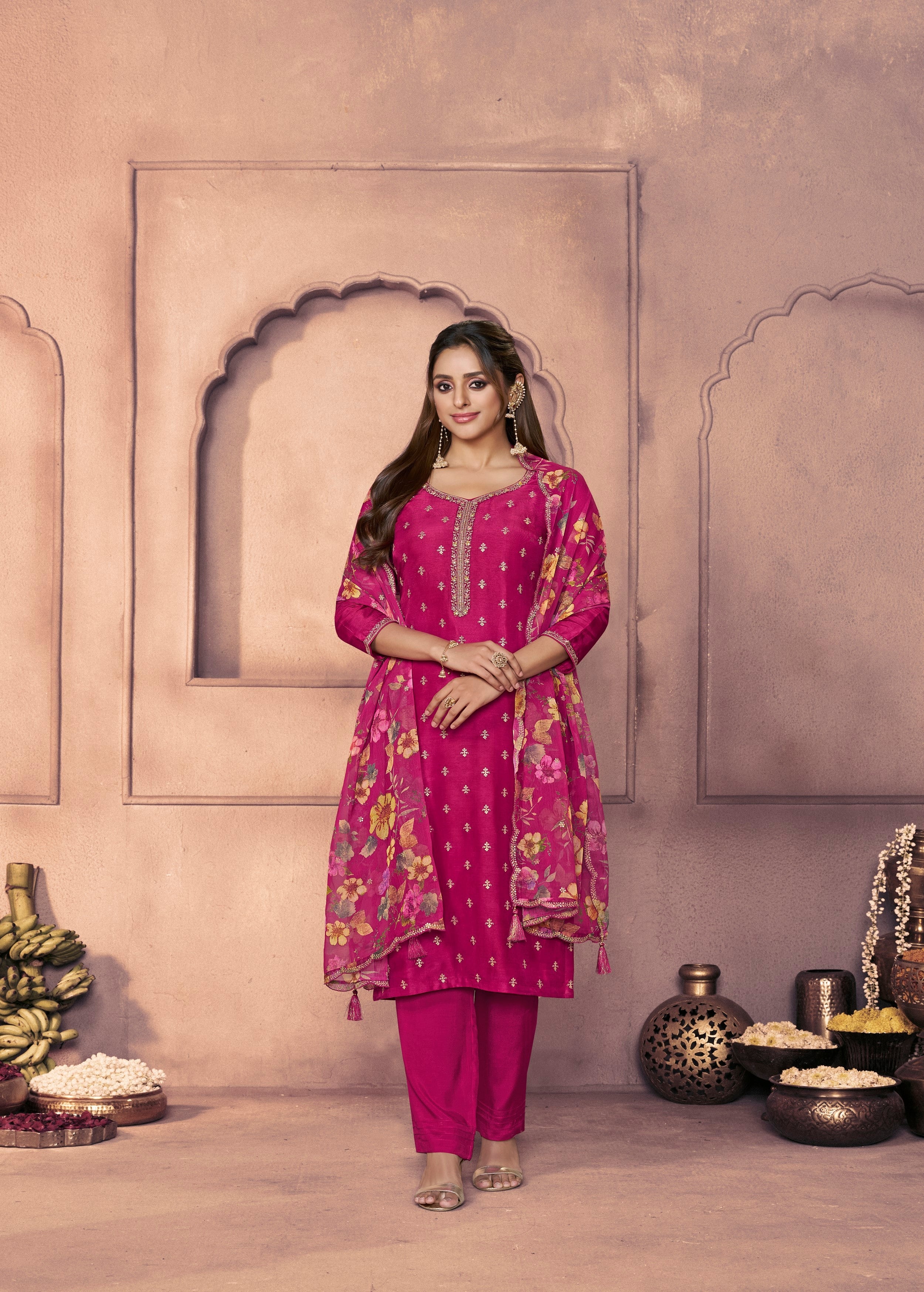 Rani Pink Embellished Dola Silk Pant Set