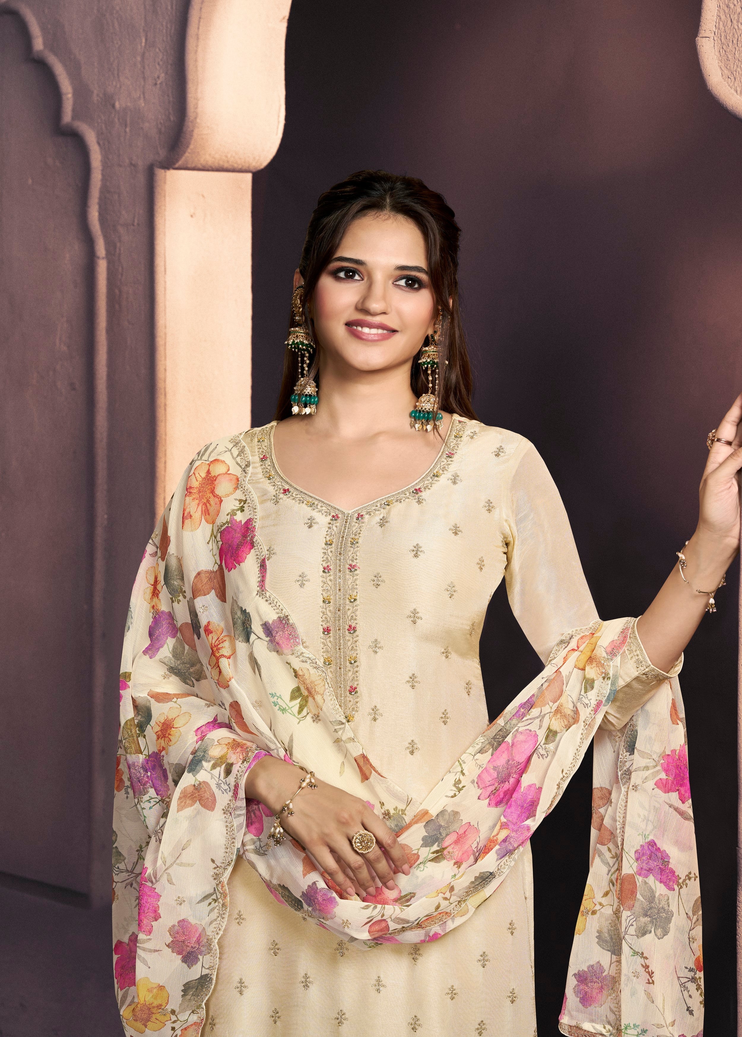 Cream White Embellished Dola Silk Pant Set