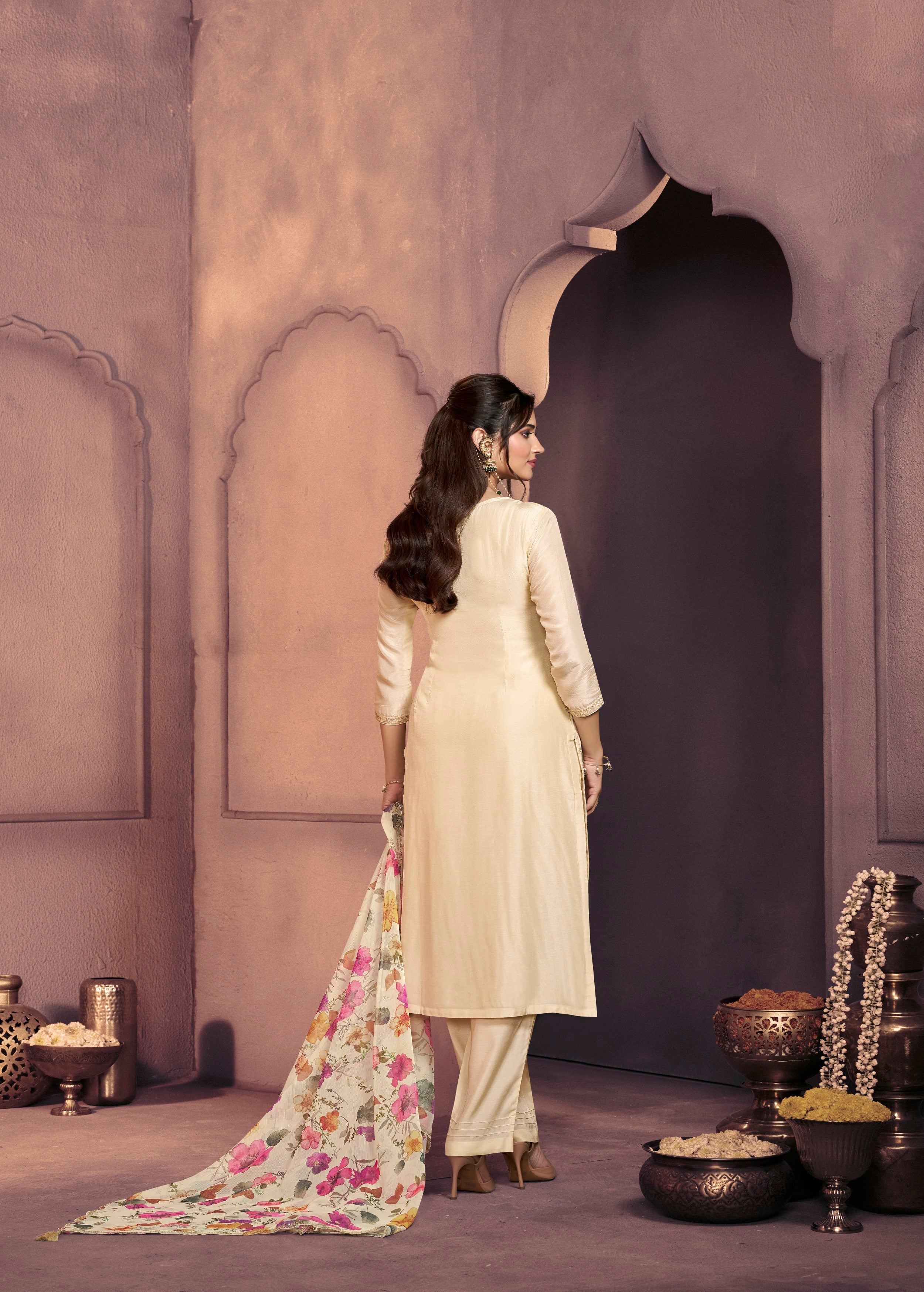 Cream White Embellished Dola Silk Pant Set