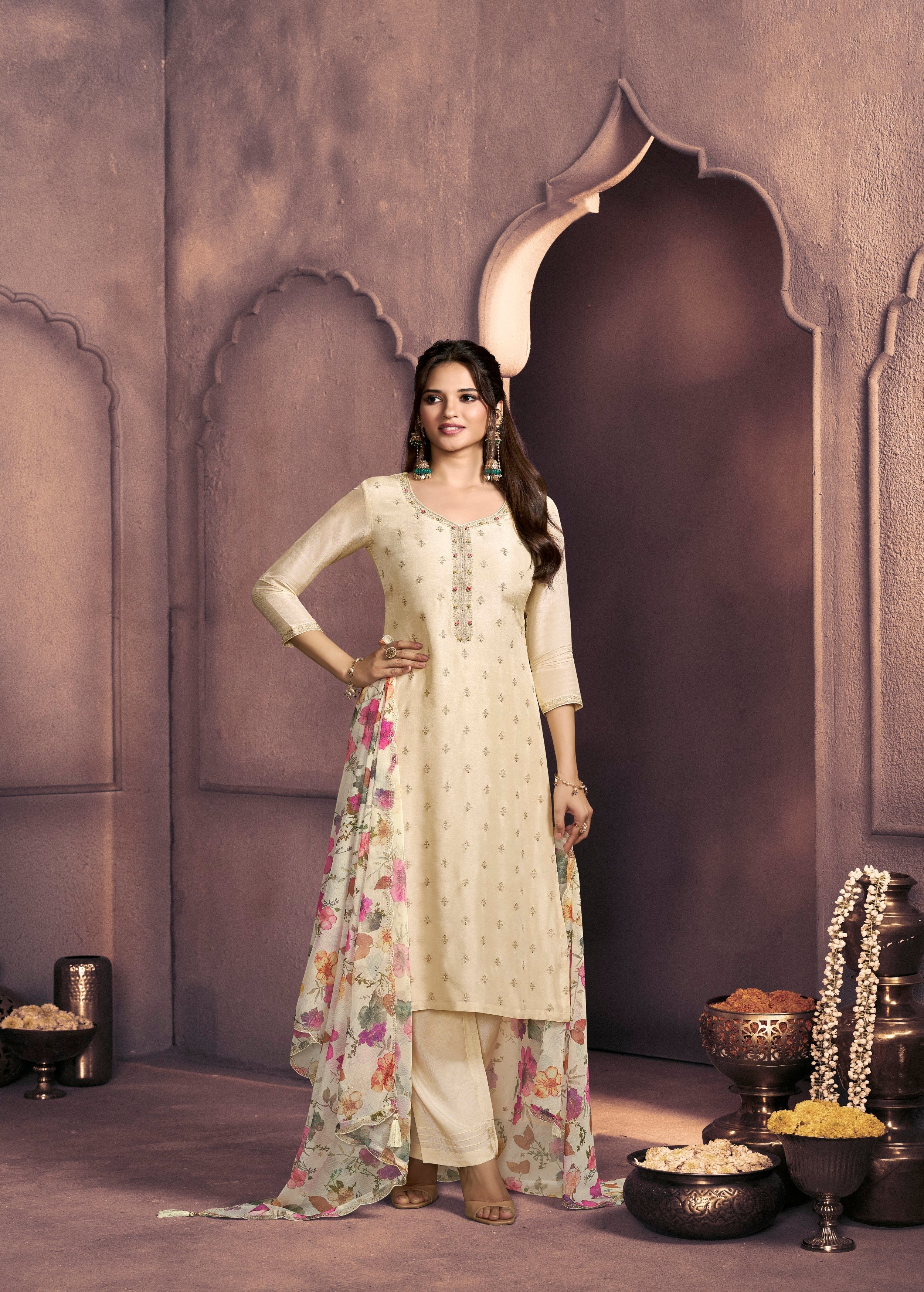 Cream White Embellished Dola Silk Pant Set