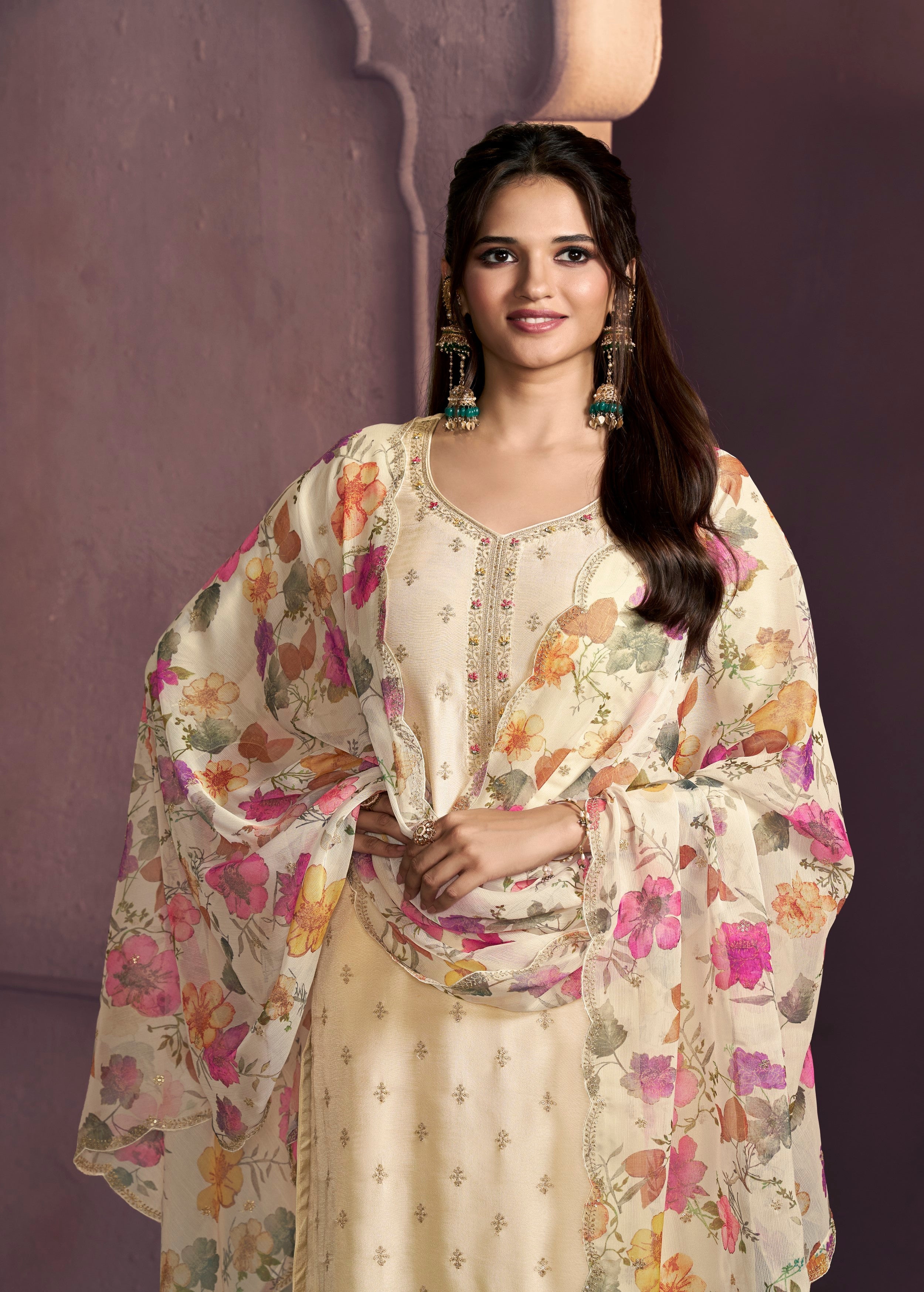 Cream White Embellished Dola Silk Pant Set