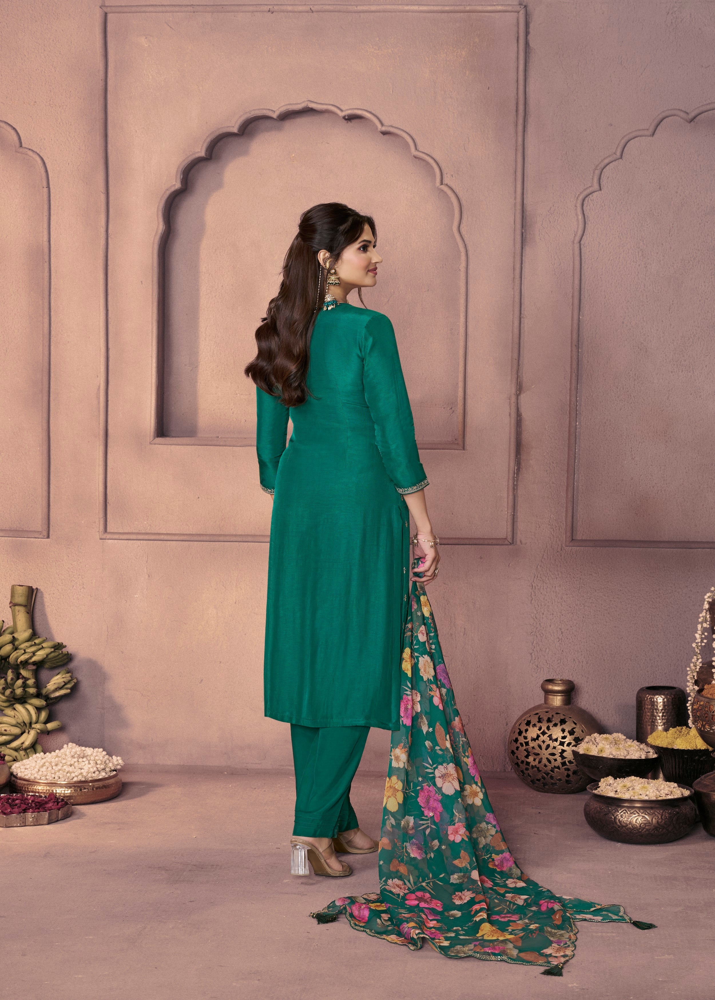 Emerald Green Embellished Dola Silk Pant Set