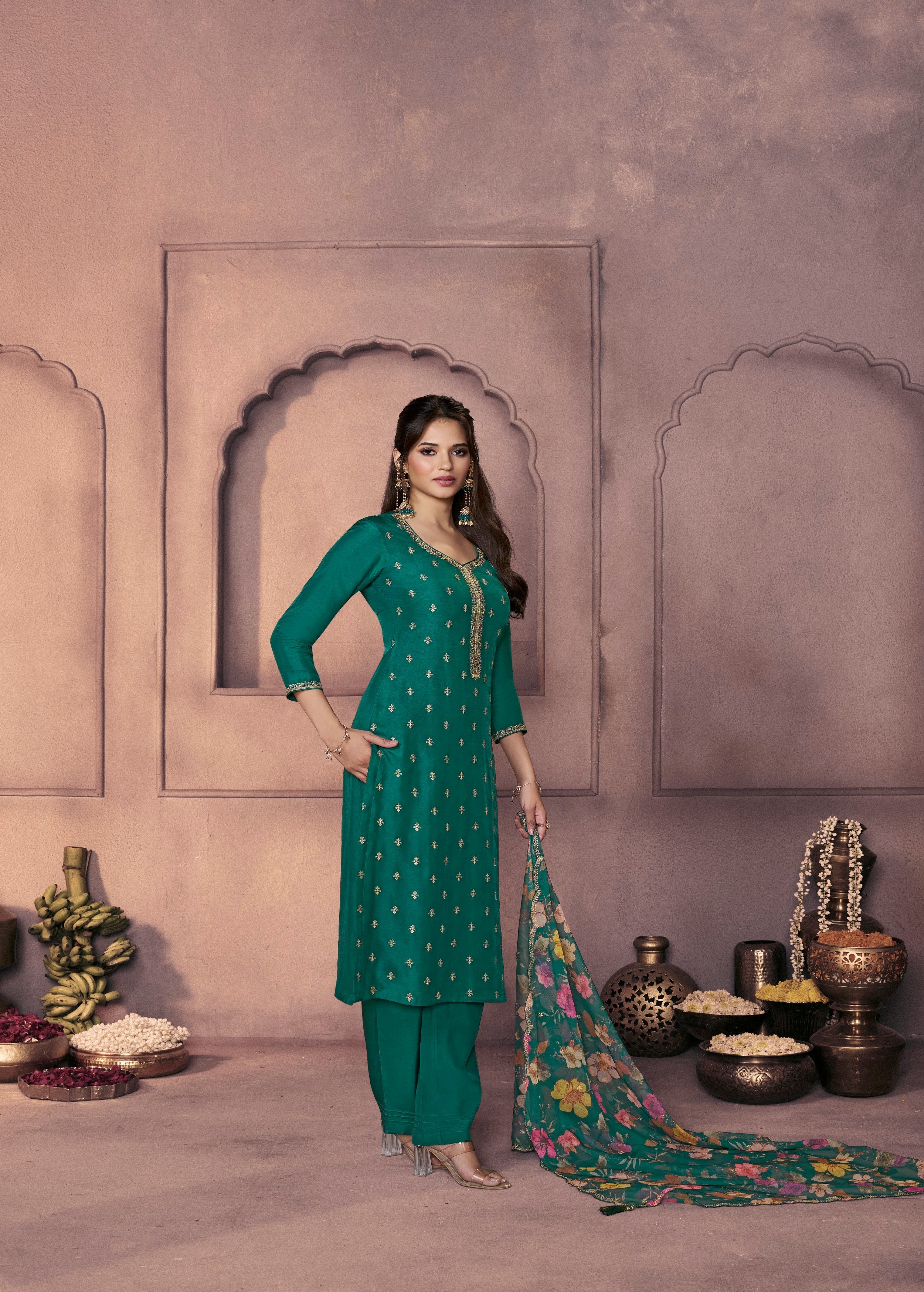 Emerald Green Embellished Dola Silk Pant Set