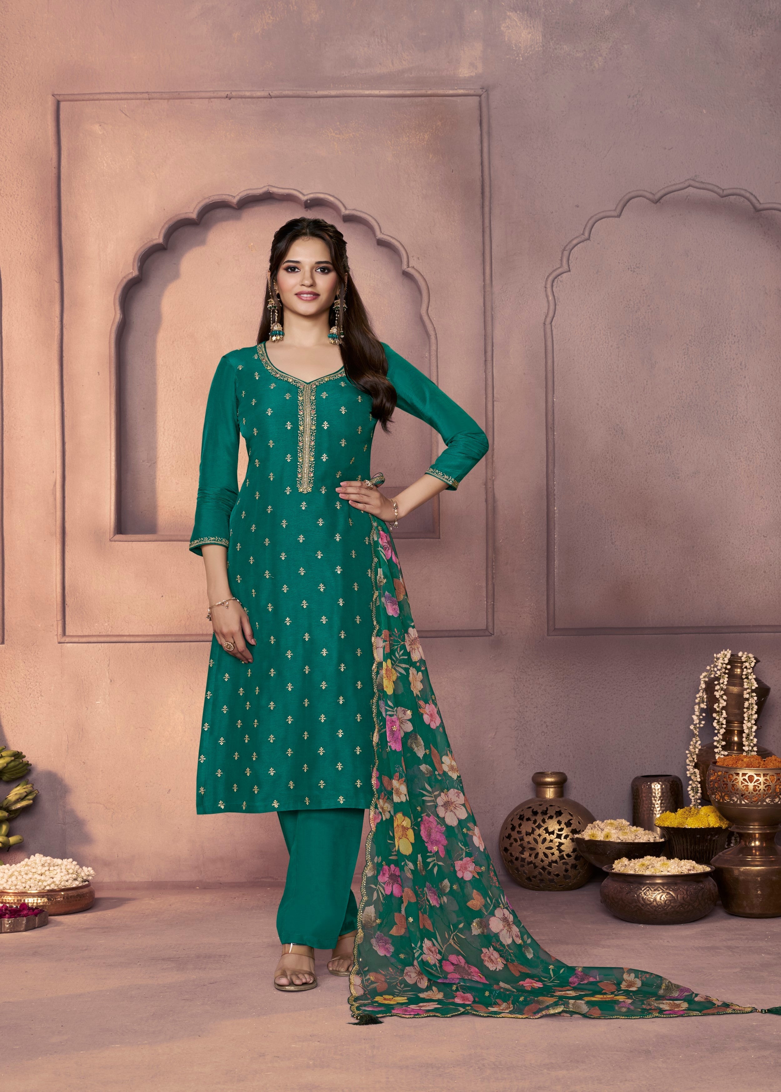 Emerald Green Embellished Dola Silk Pant Set