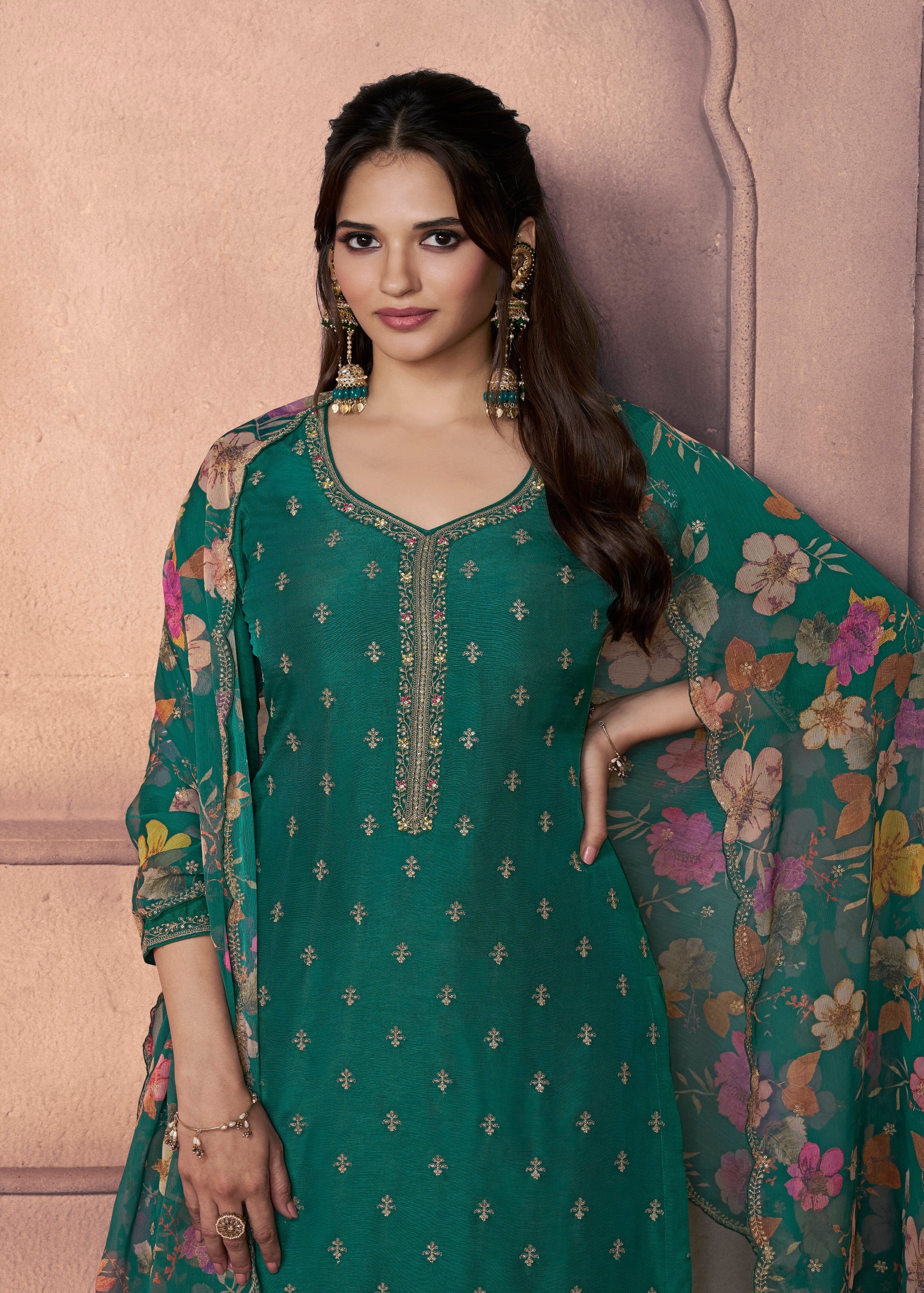 Emerald Green Embellished Dola Silk Pant Set