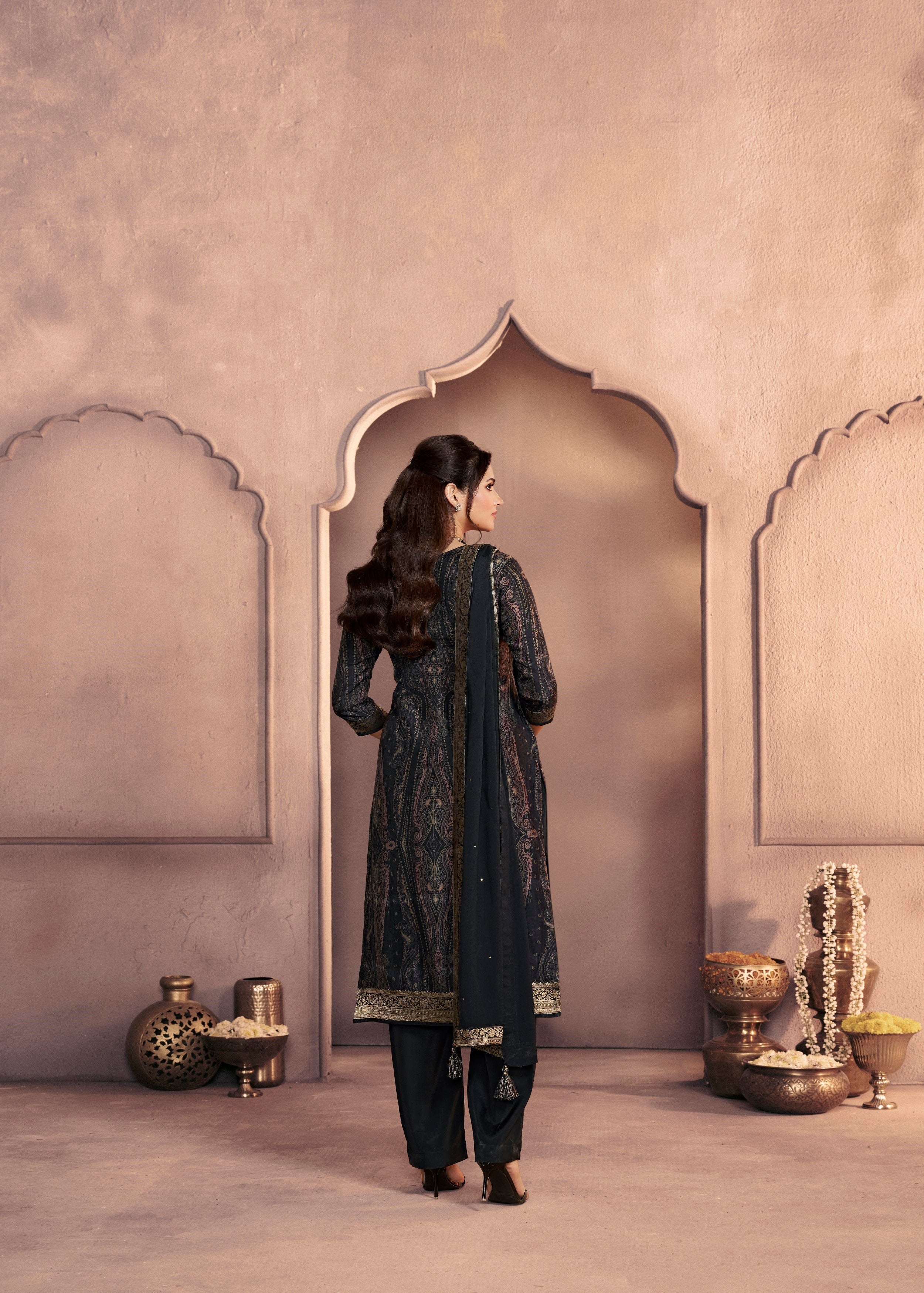 Jet Black Embellished Dola Silk Pant Set