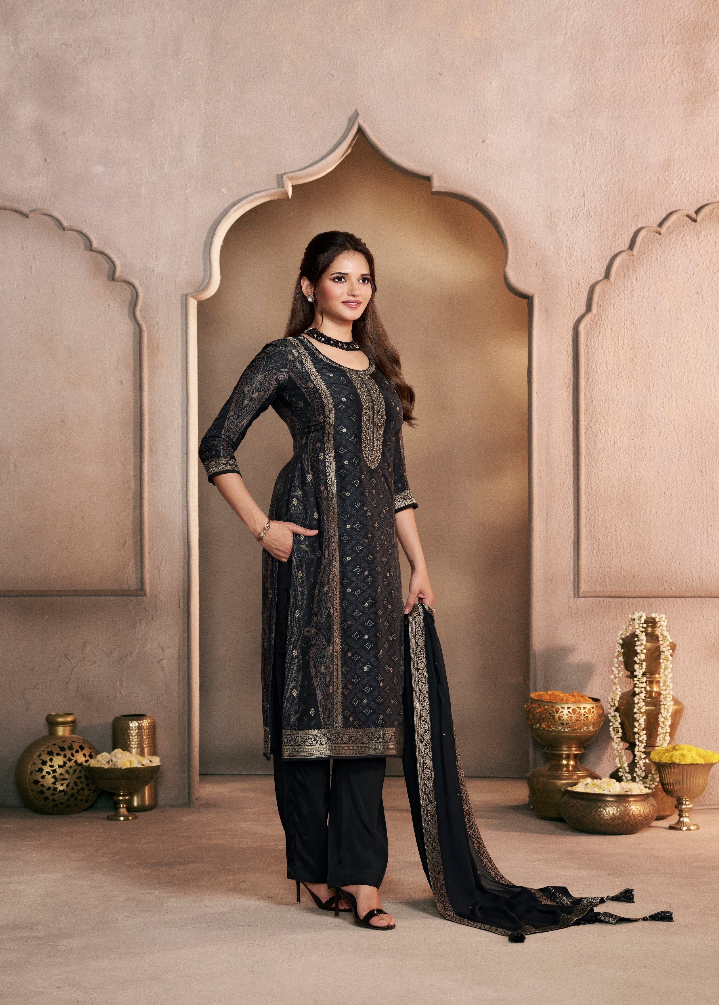 Jet Black Embellished Dola Silk Pant Set