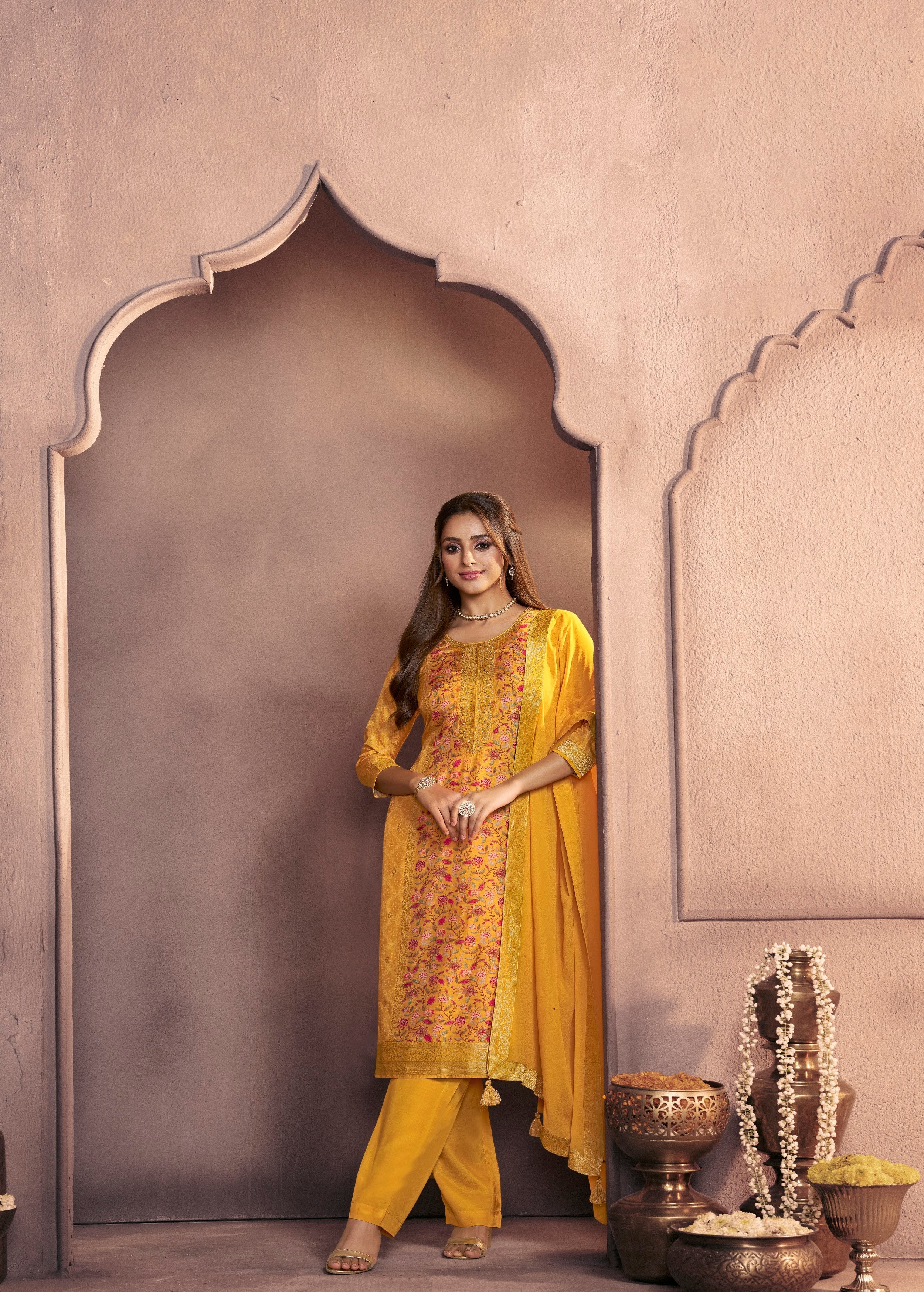 Turmeric Yellow Printed Dola Silk Pant Set