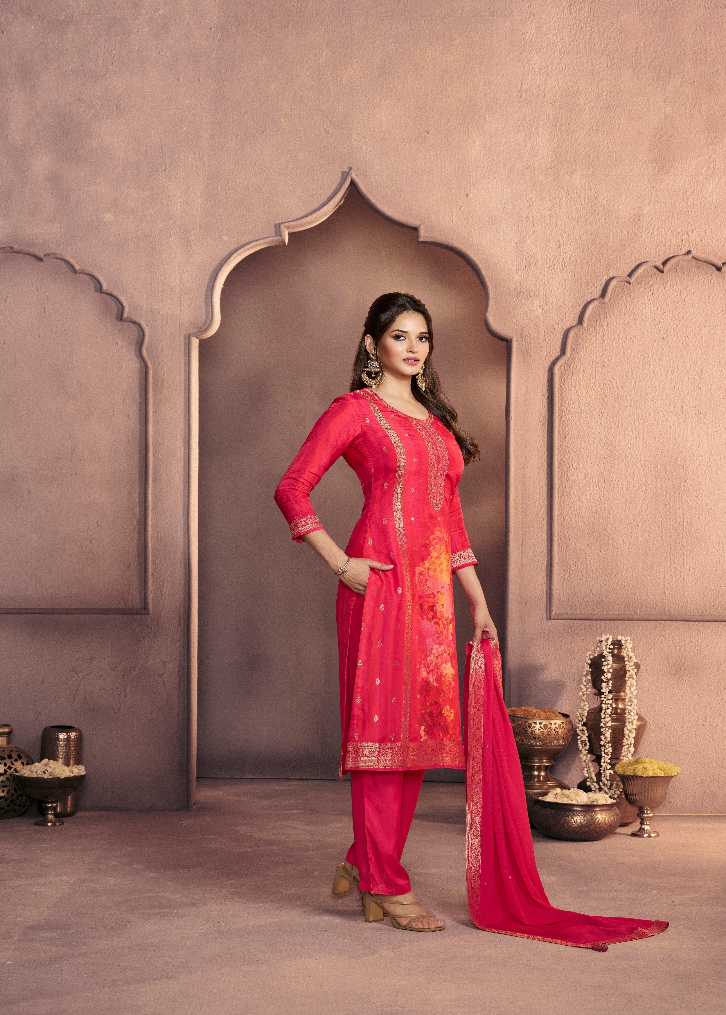 Fuchsia Pink Printed Dola Silk Pant Set