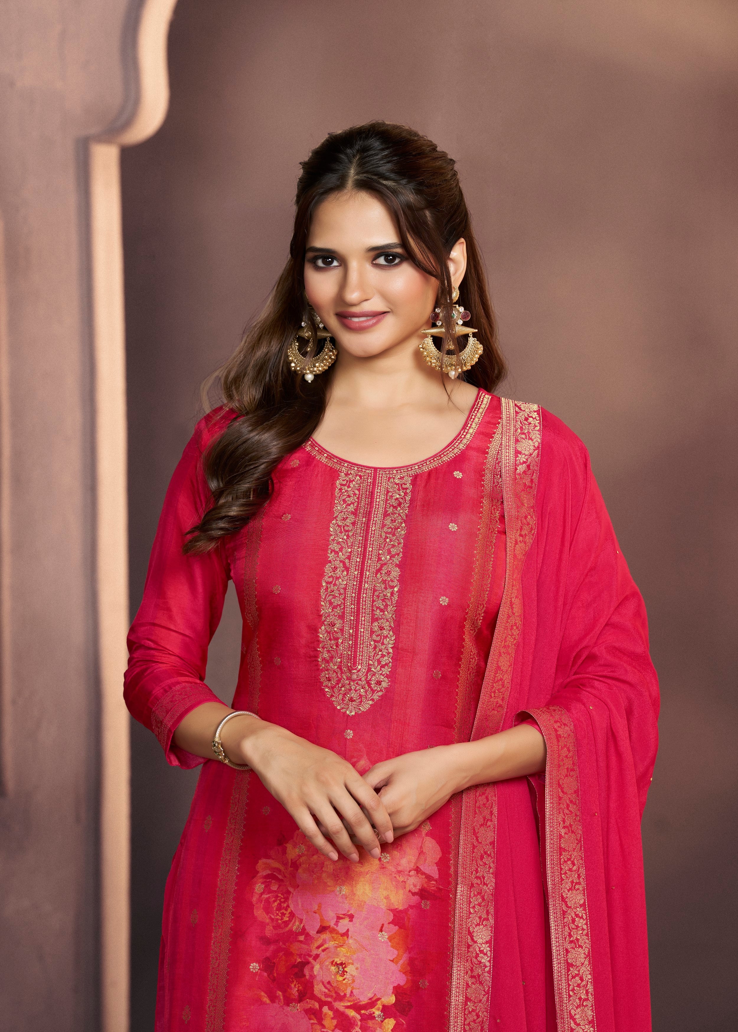 Fuchsia Pink Printed Dola Silk Pant Set