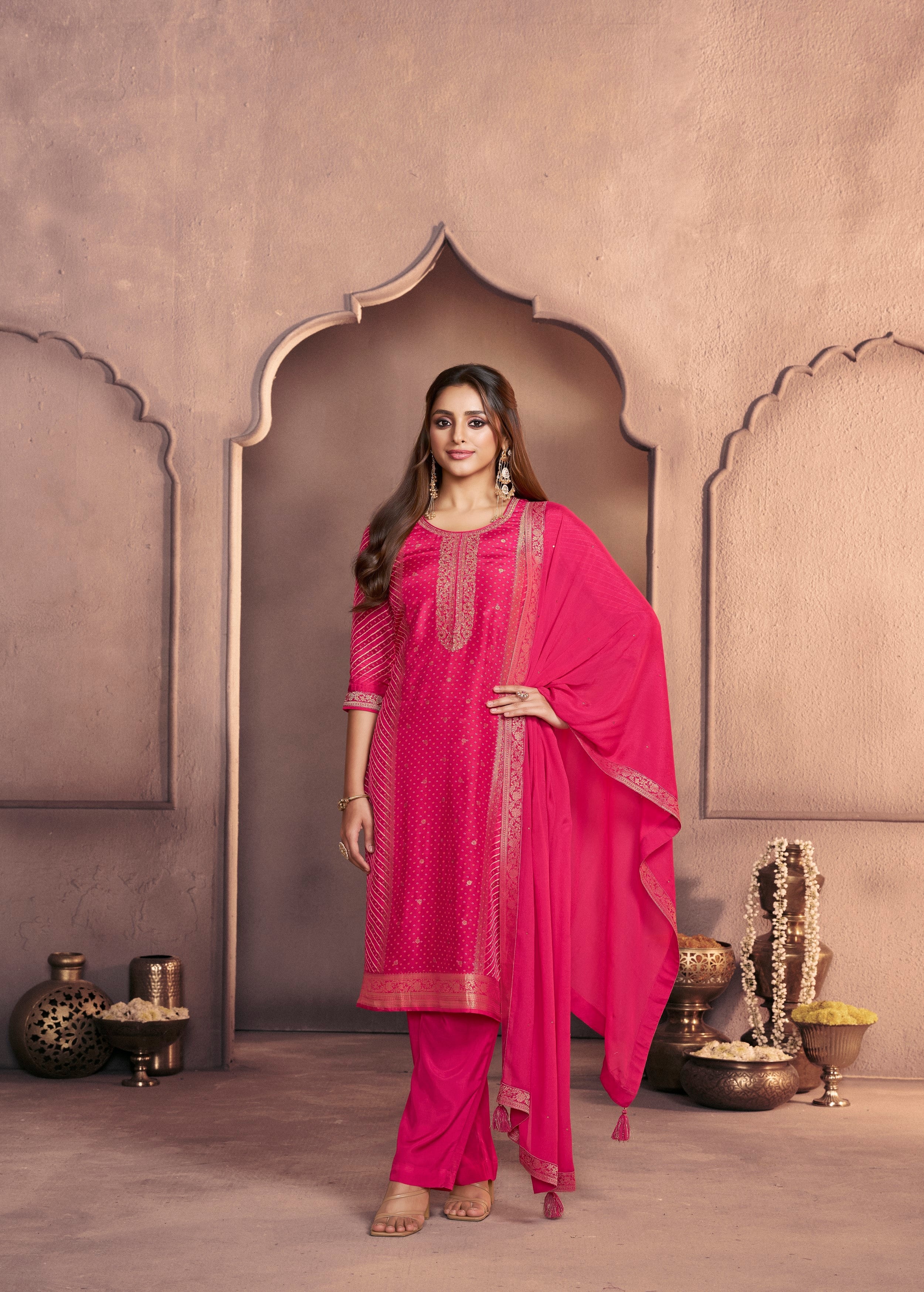 Vibrant Pink Printed Dola Silk Pant Set