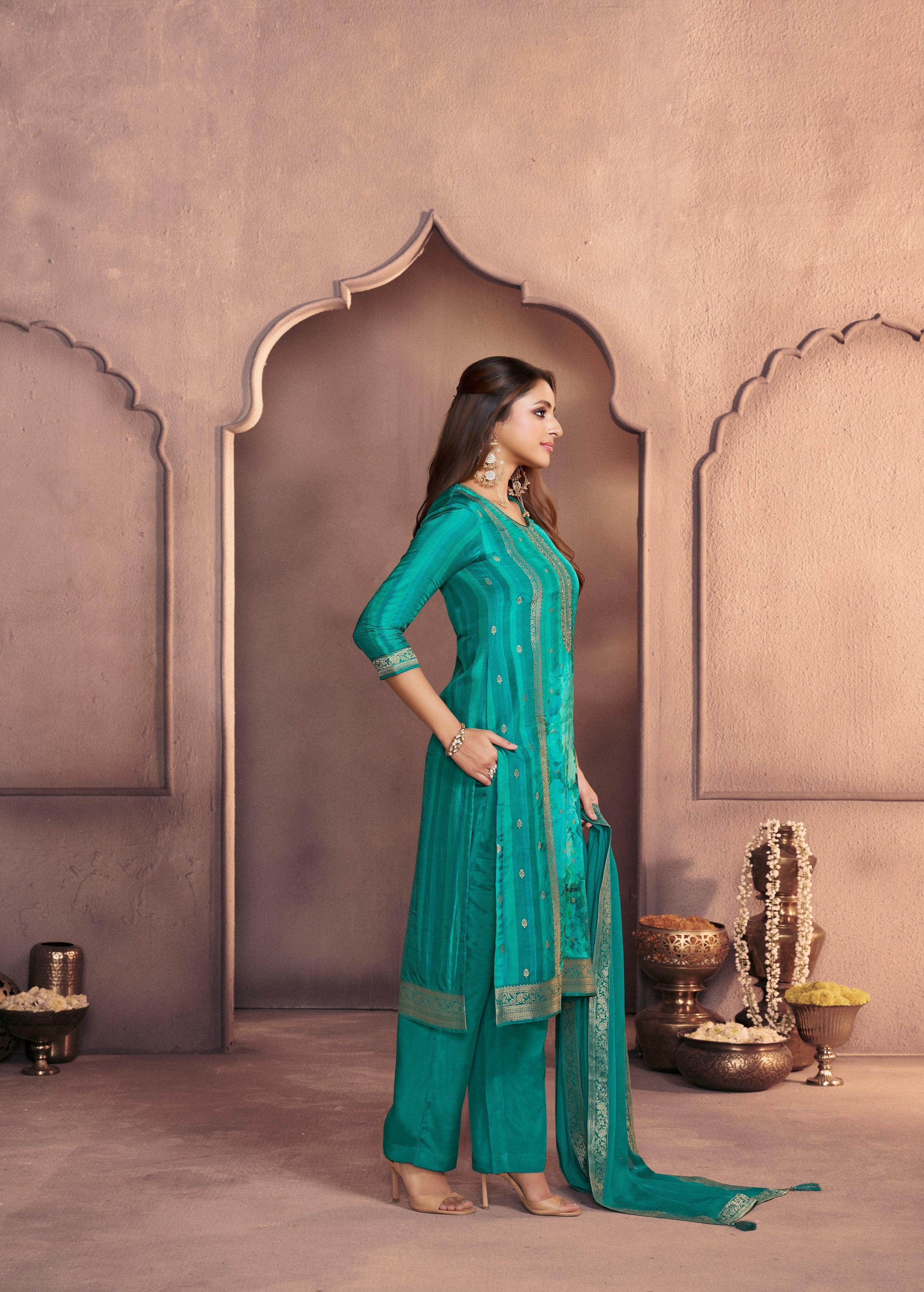 Peacock Green  Printed Dola Silk Pant Set