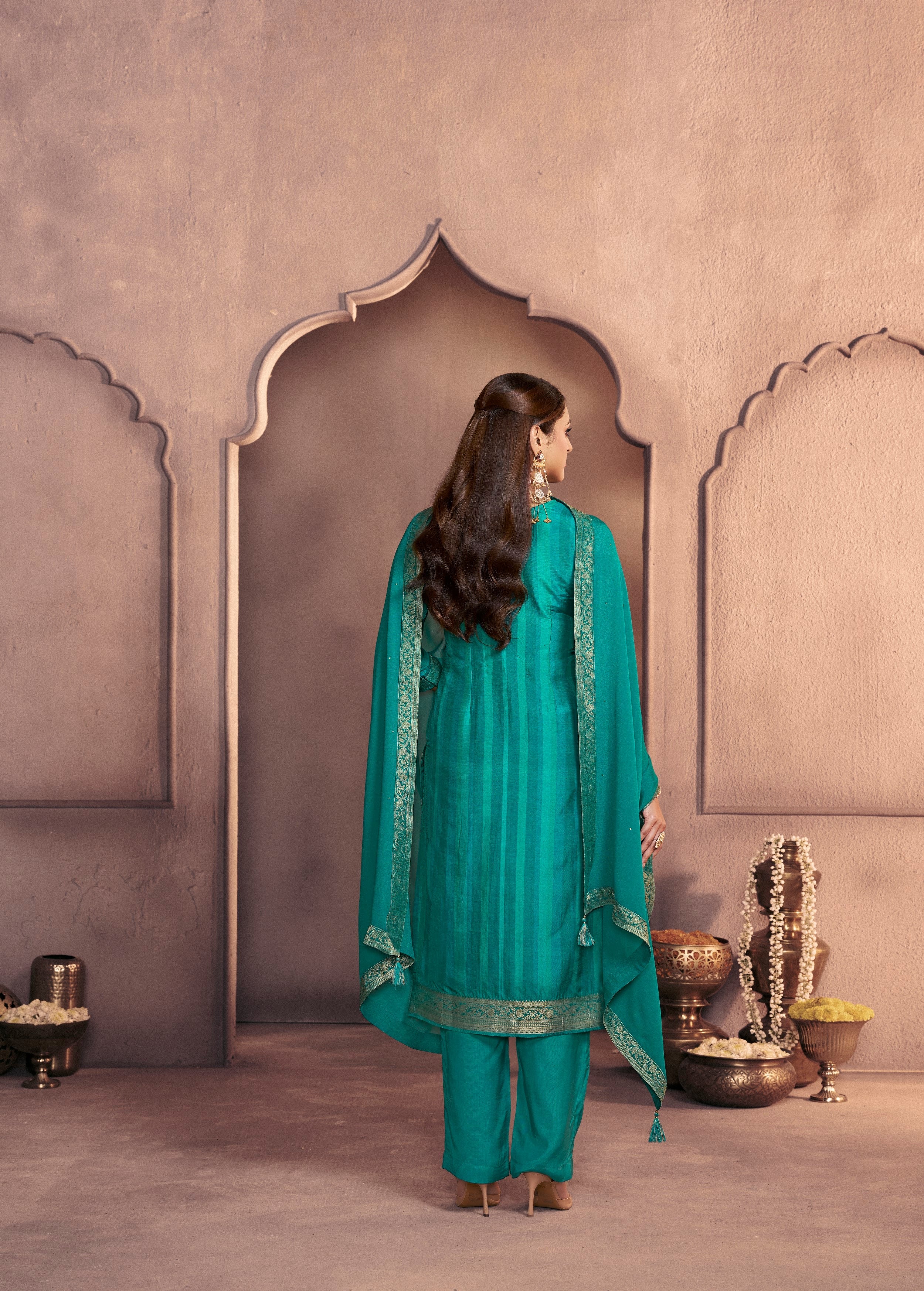 Peacock Green  Printed Dola Silk Pant Set