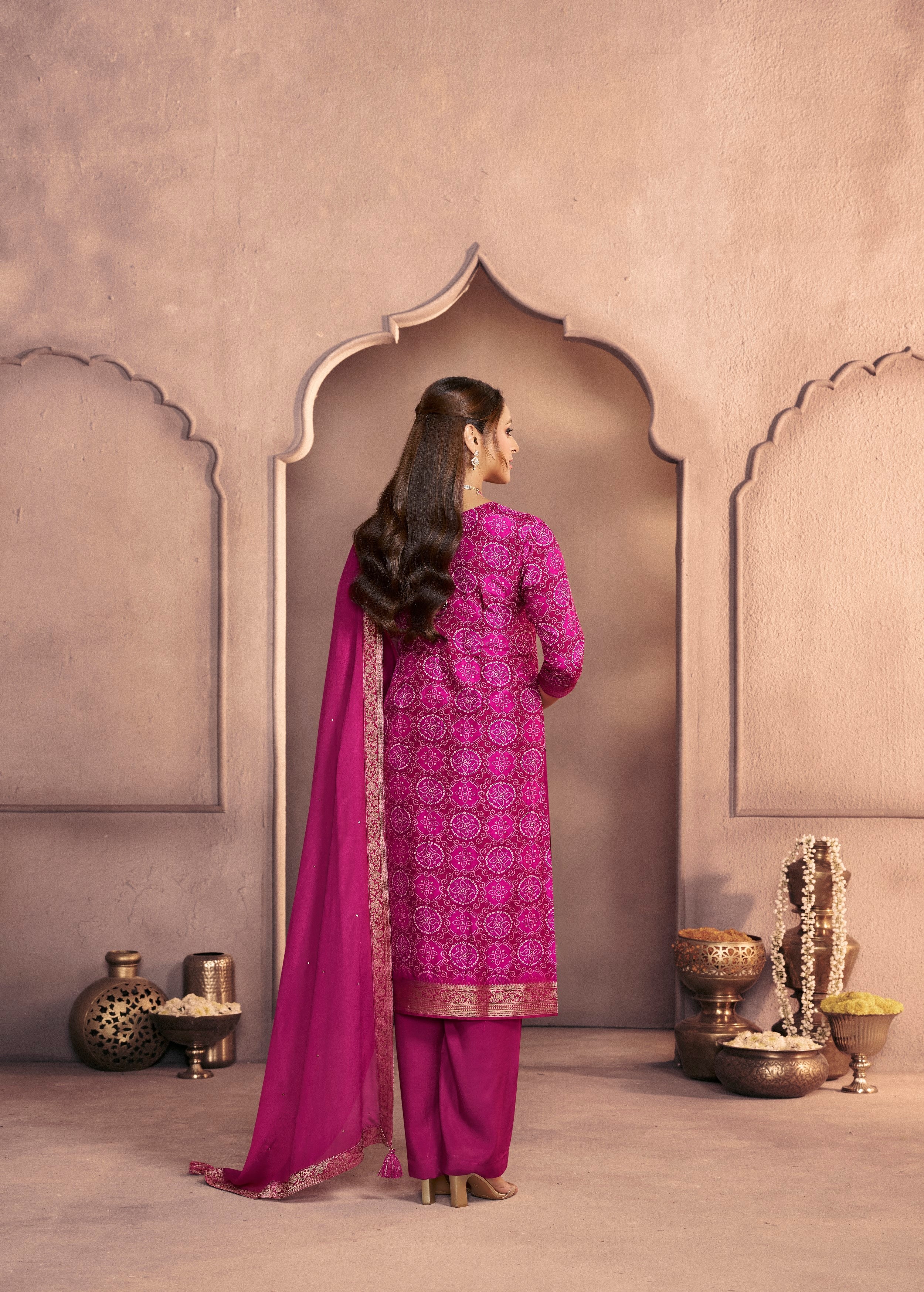 Deep Pink Printed Dola Silk Pant Set