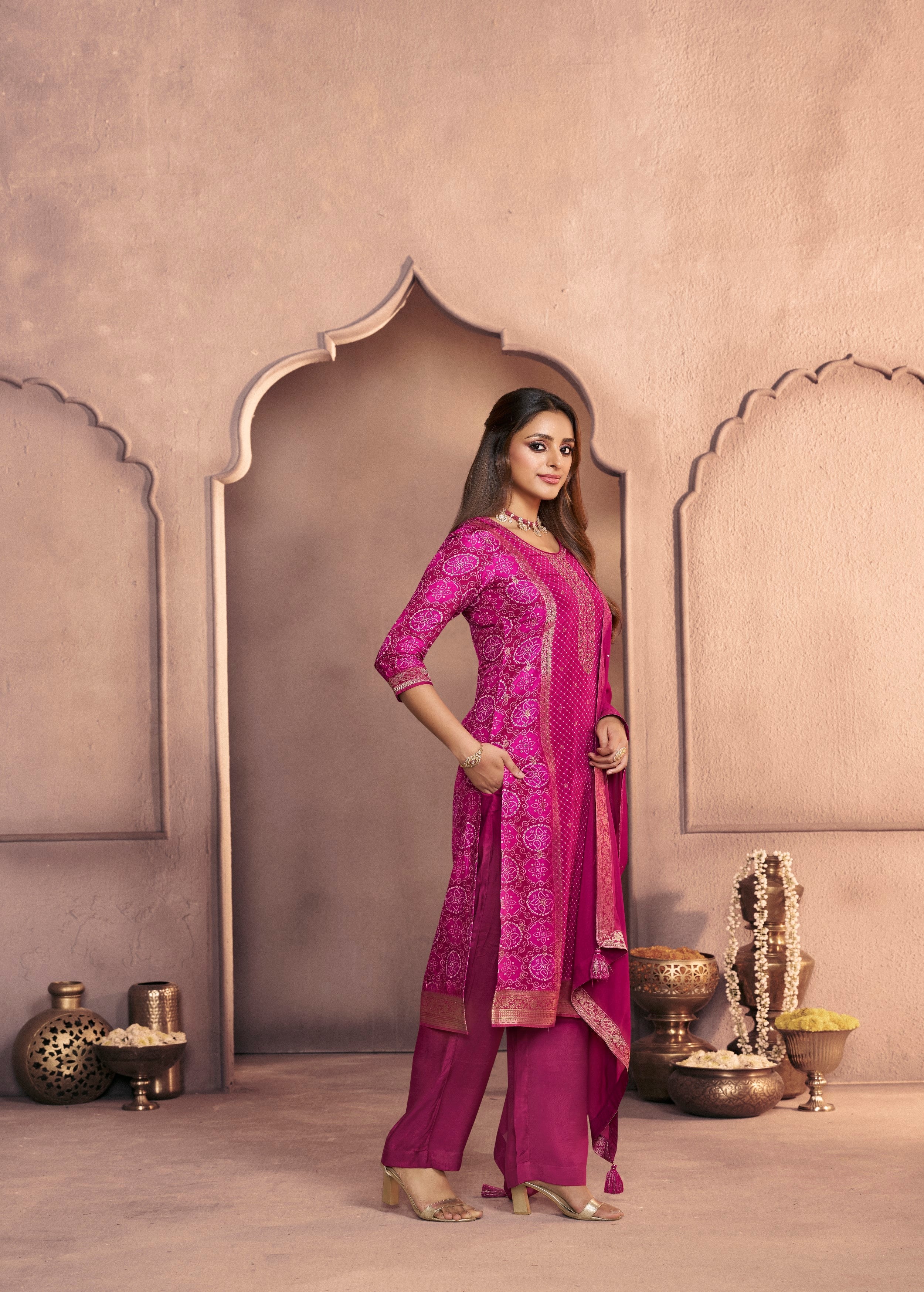 Deep Pink Printed Dola Silk Pant Set