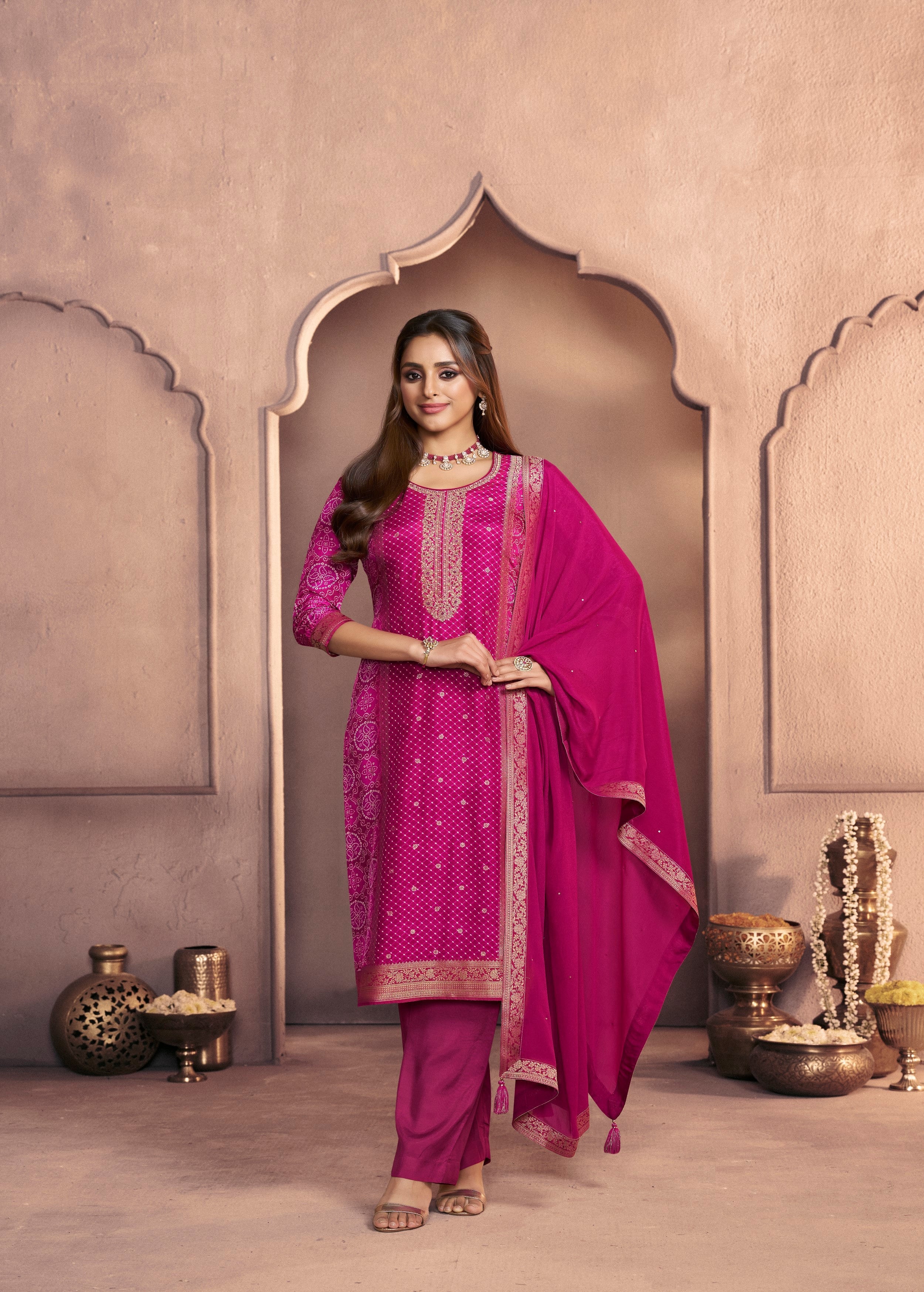 Deep Pink Printed Dola Silk Pant Set