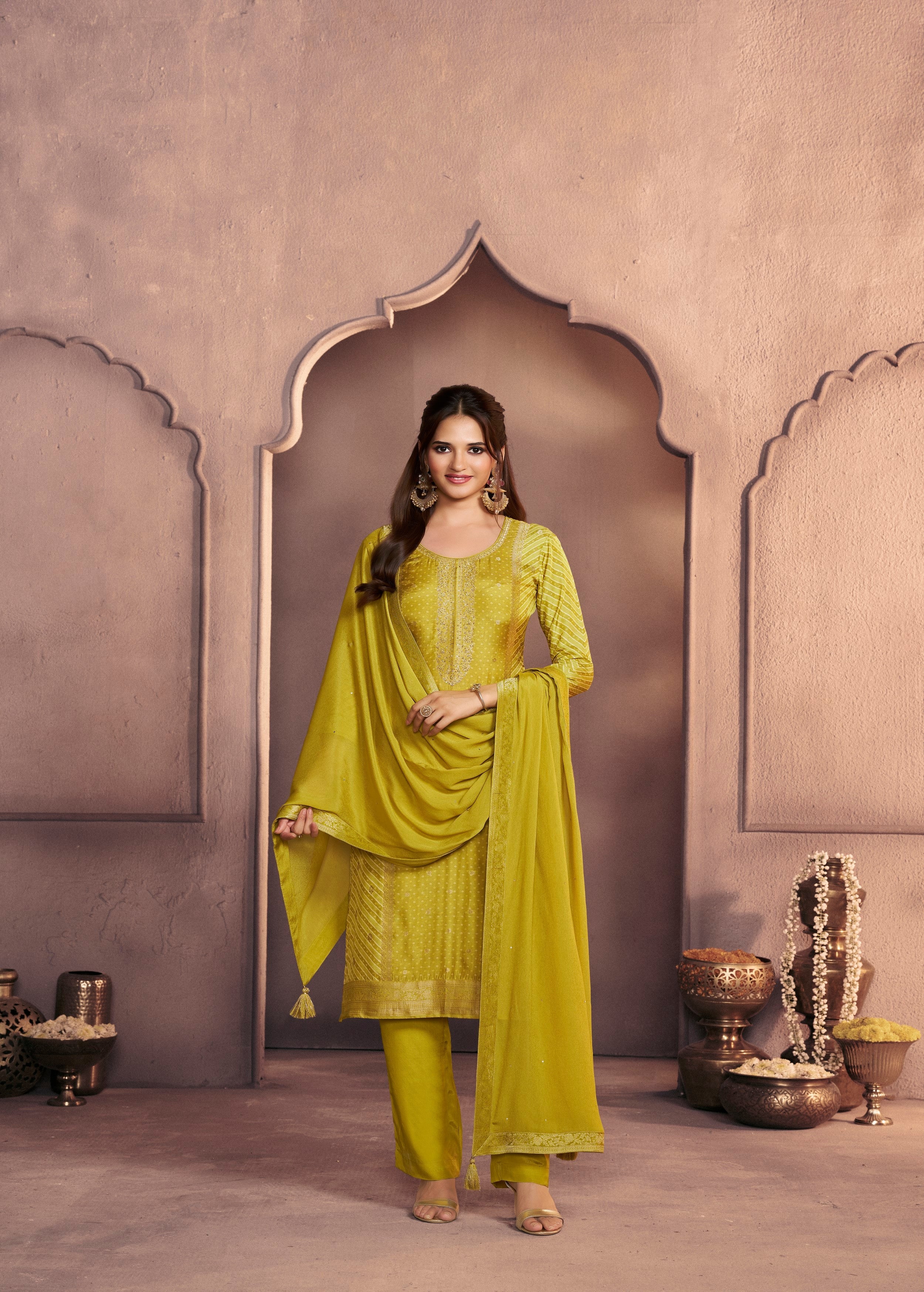 Lime Green Printed Dola Silk Pant Set