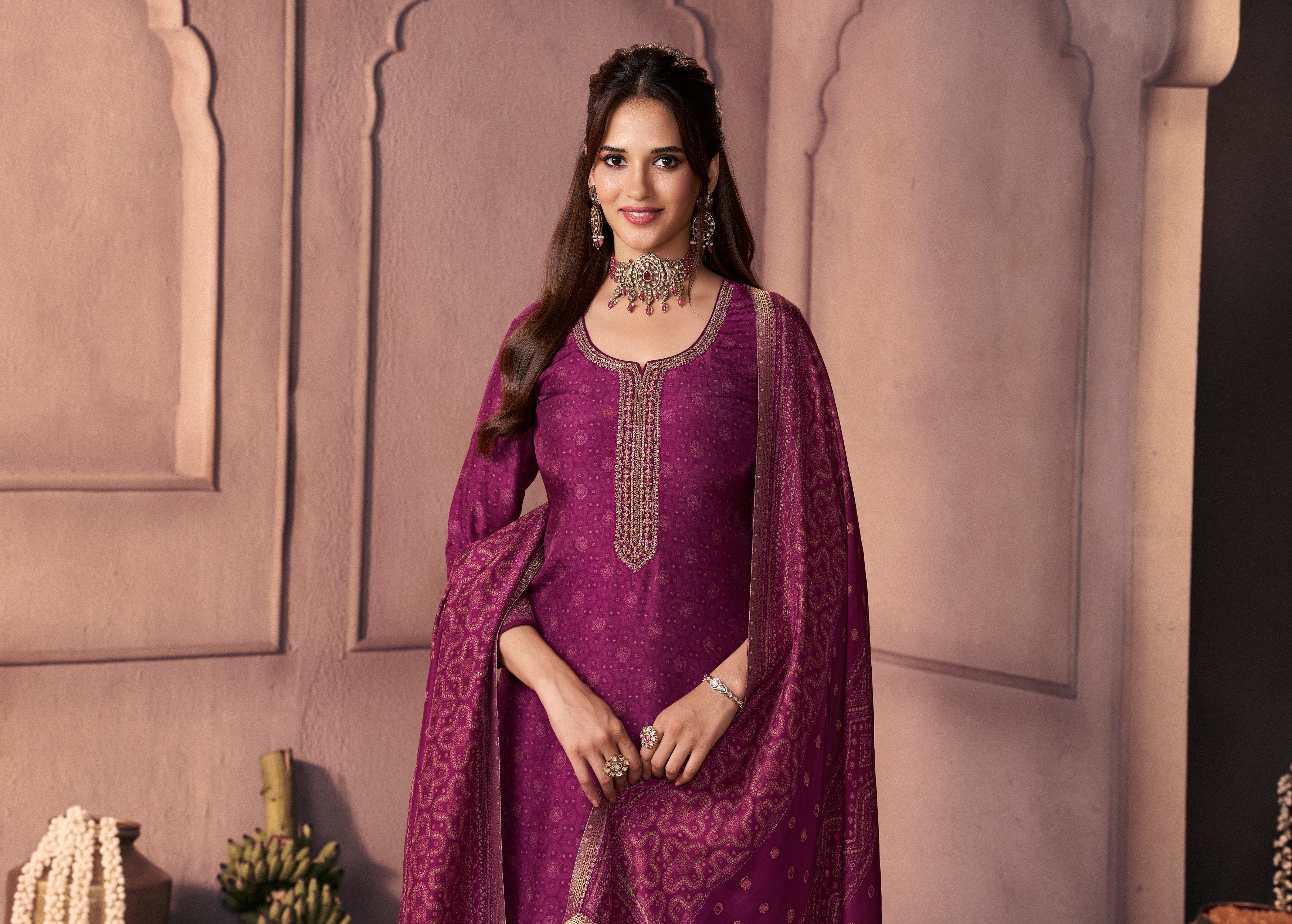 Magenta Purple Printed Dola Silk Pant Set