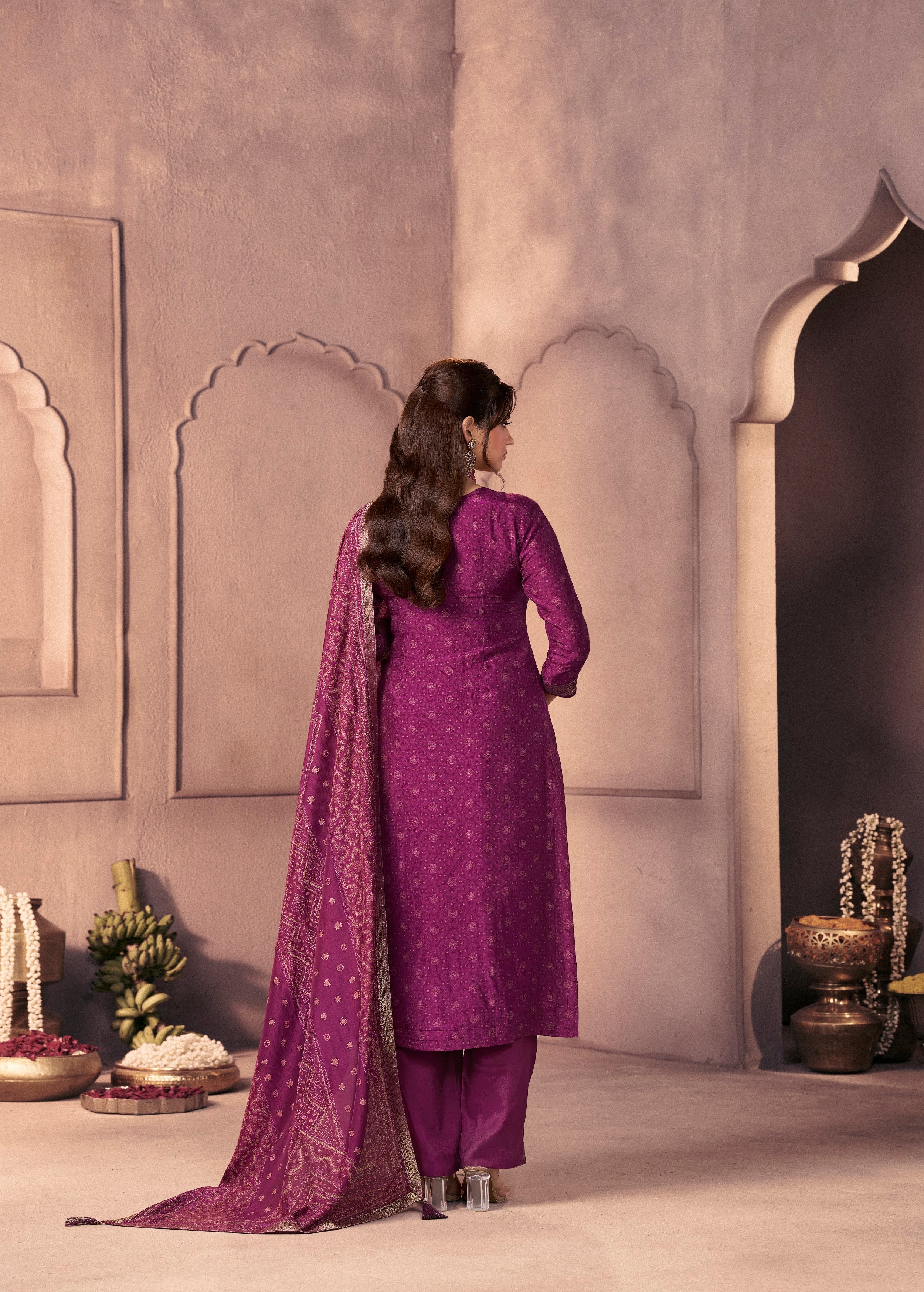 Magenta Purple Printed Dola Silk Pant Set