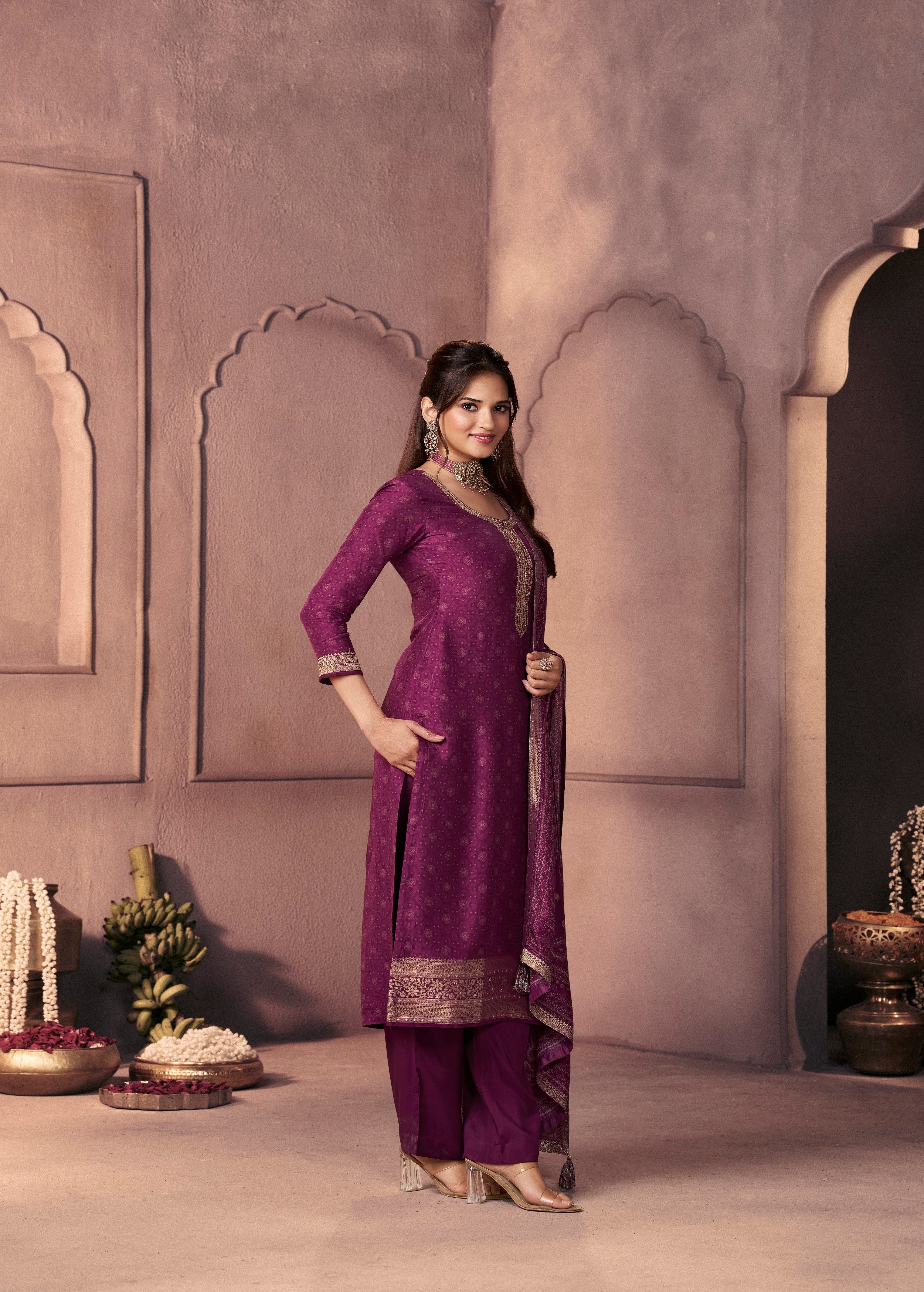 Magenta Purple Printed Dola Silk Pant Set