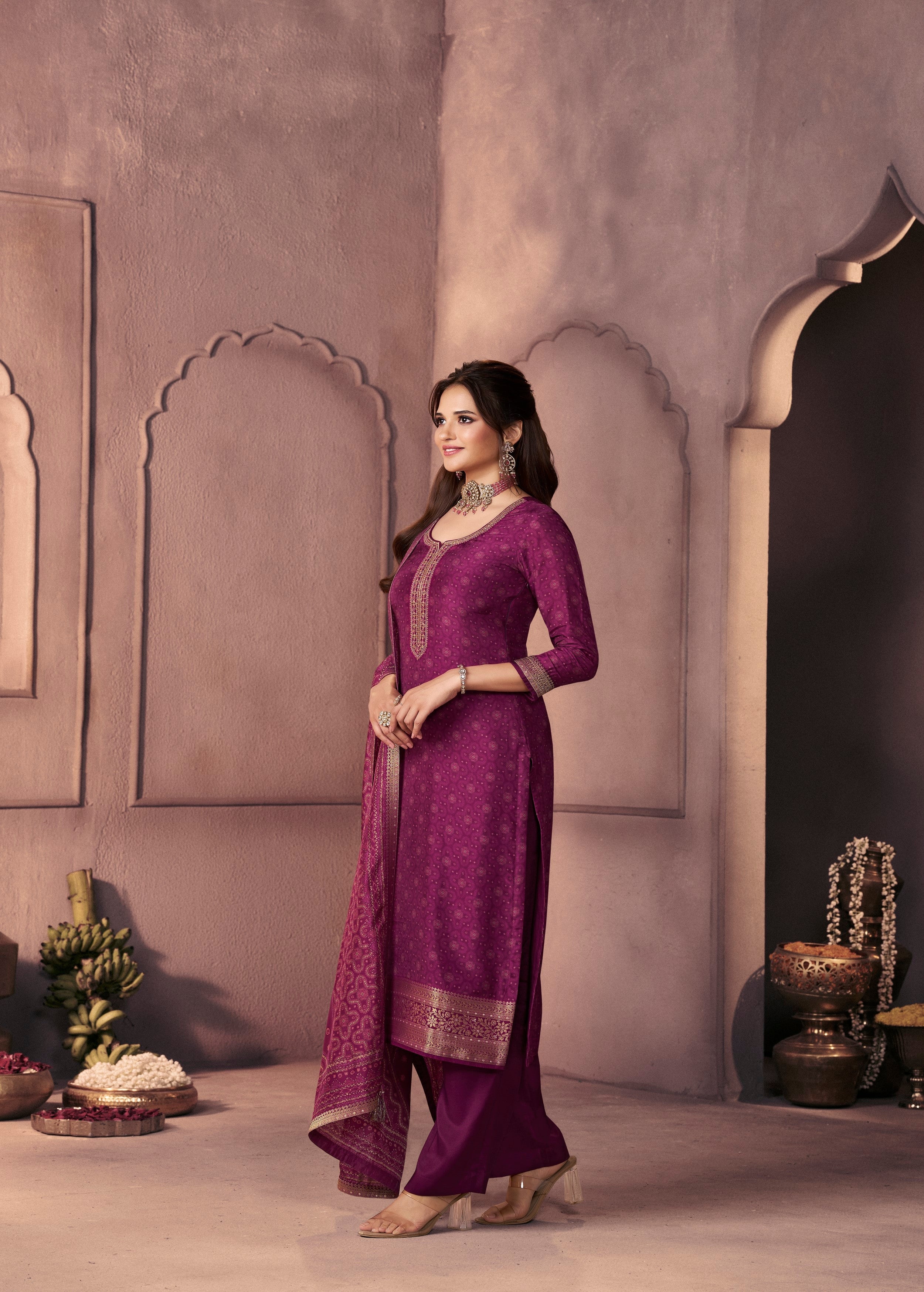 Magenta Purple Printed Dola Silk Pant Set