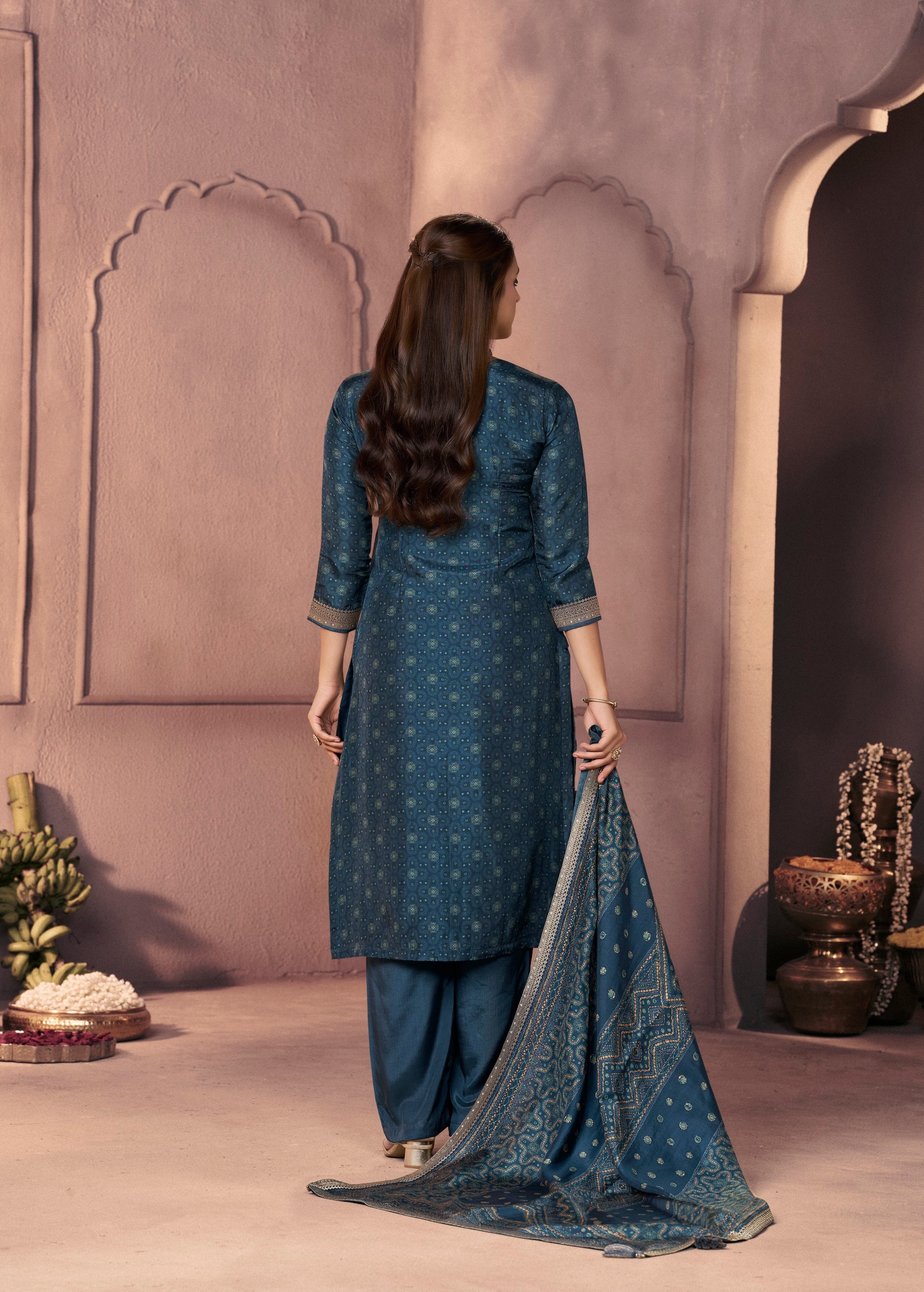 Deep Teal Printed Dola Silk Pant Set