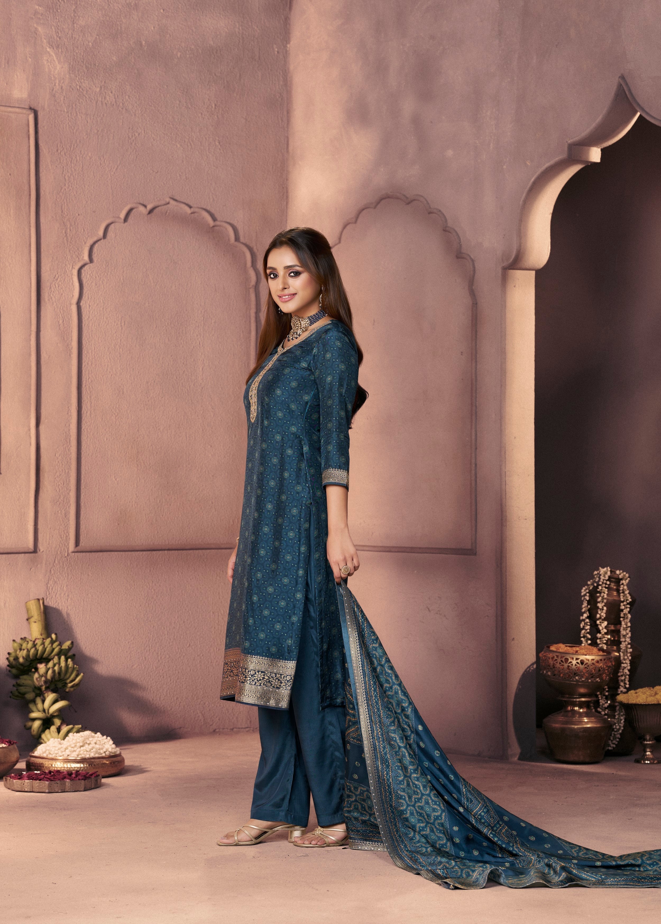 Deep Teal Printed Dola Silk Pant Set