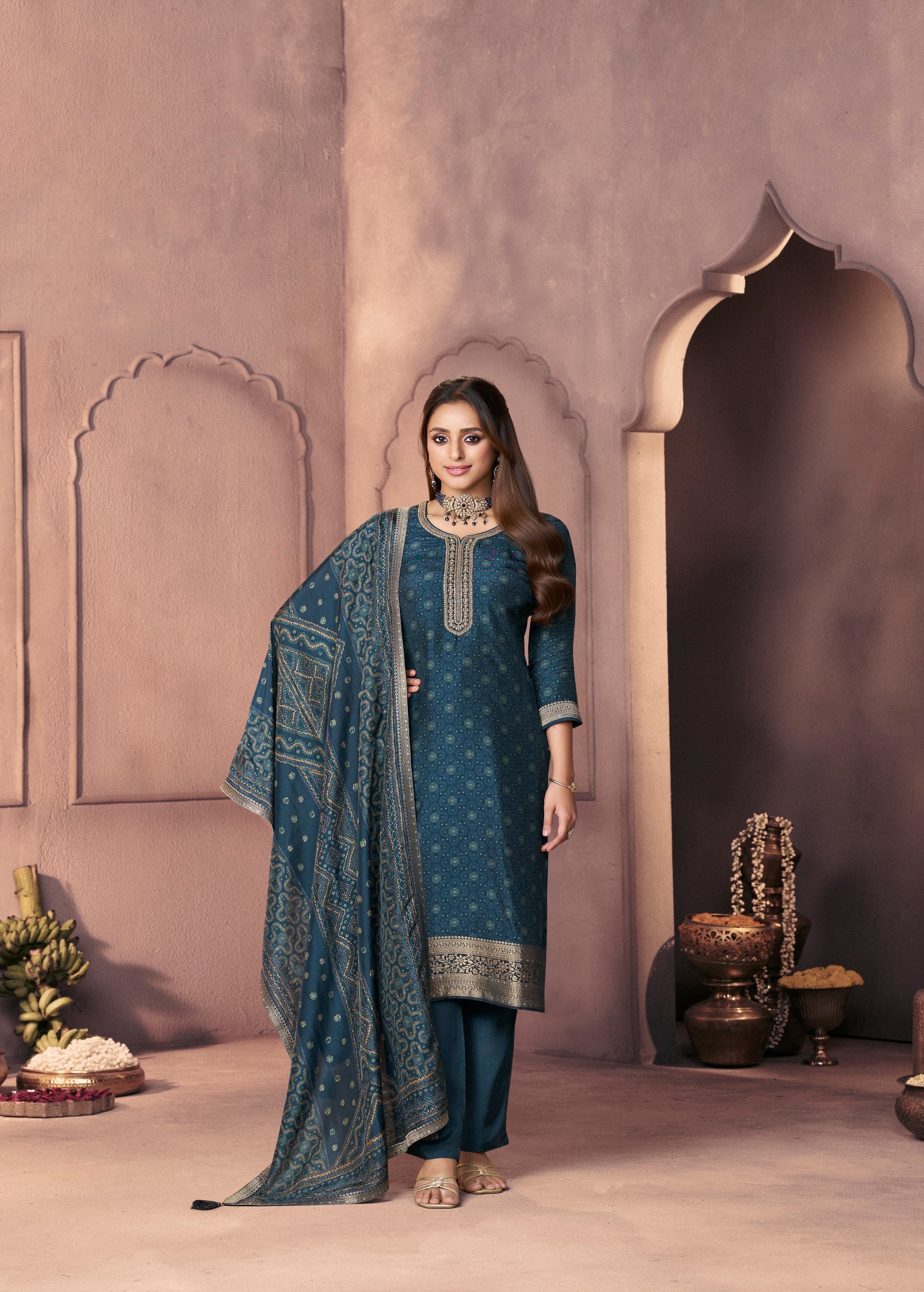 Deep Teal Printed Dola Silk Pant Set