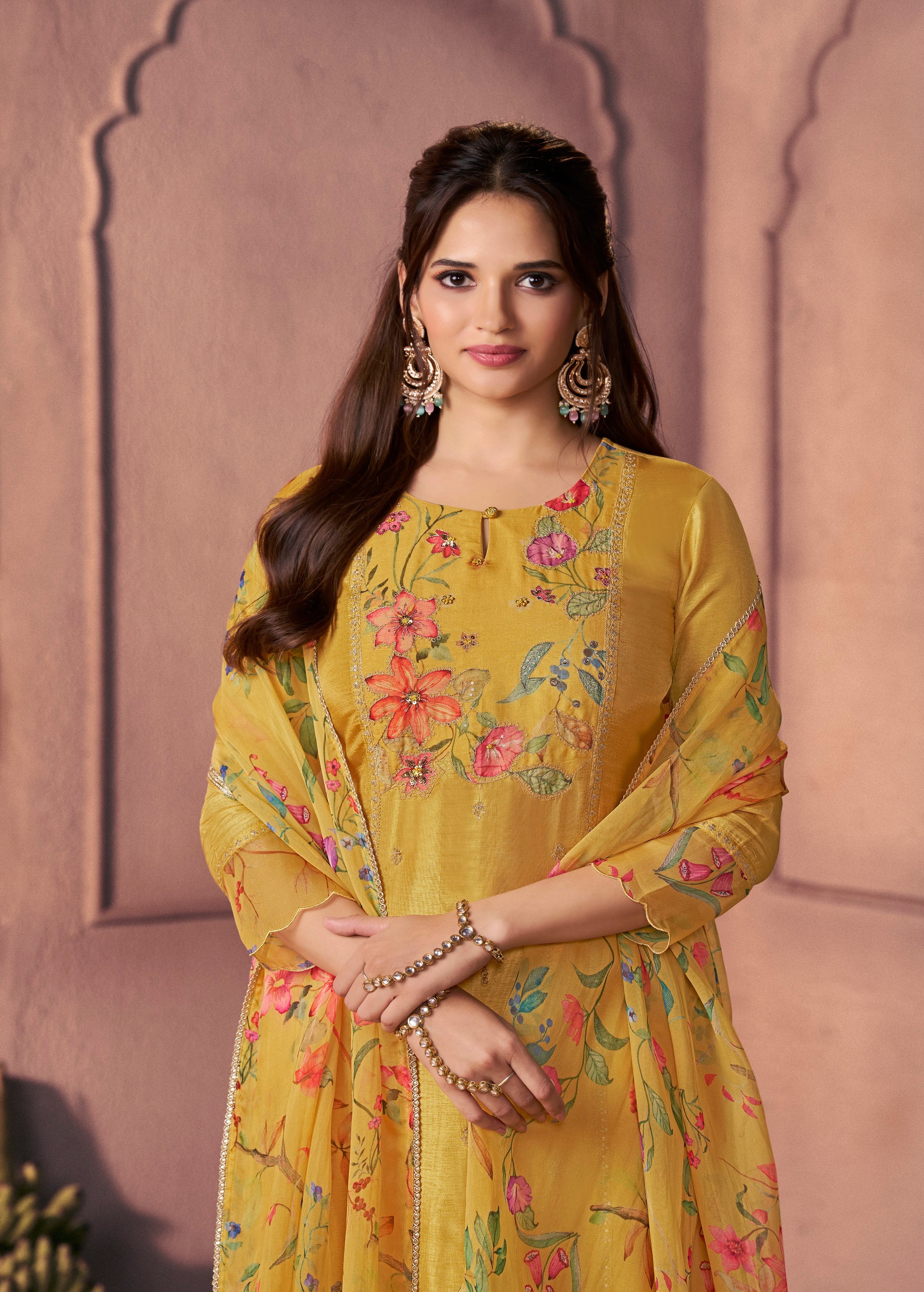 Golden Yellow Printed Dola Silk Pant Set