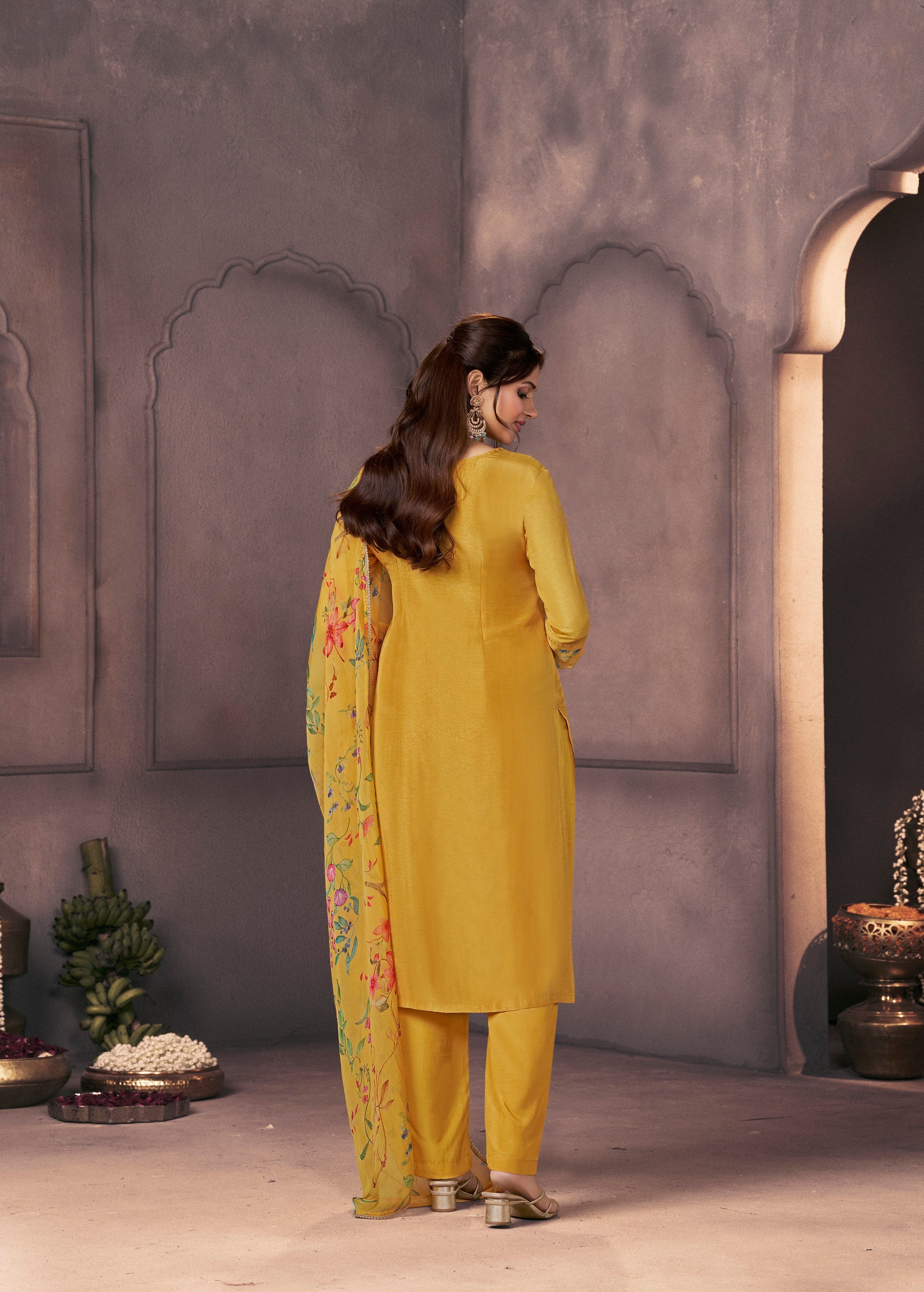 Golden Yellow Printed Dola Silk Pant Set