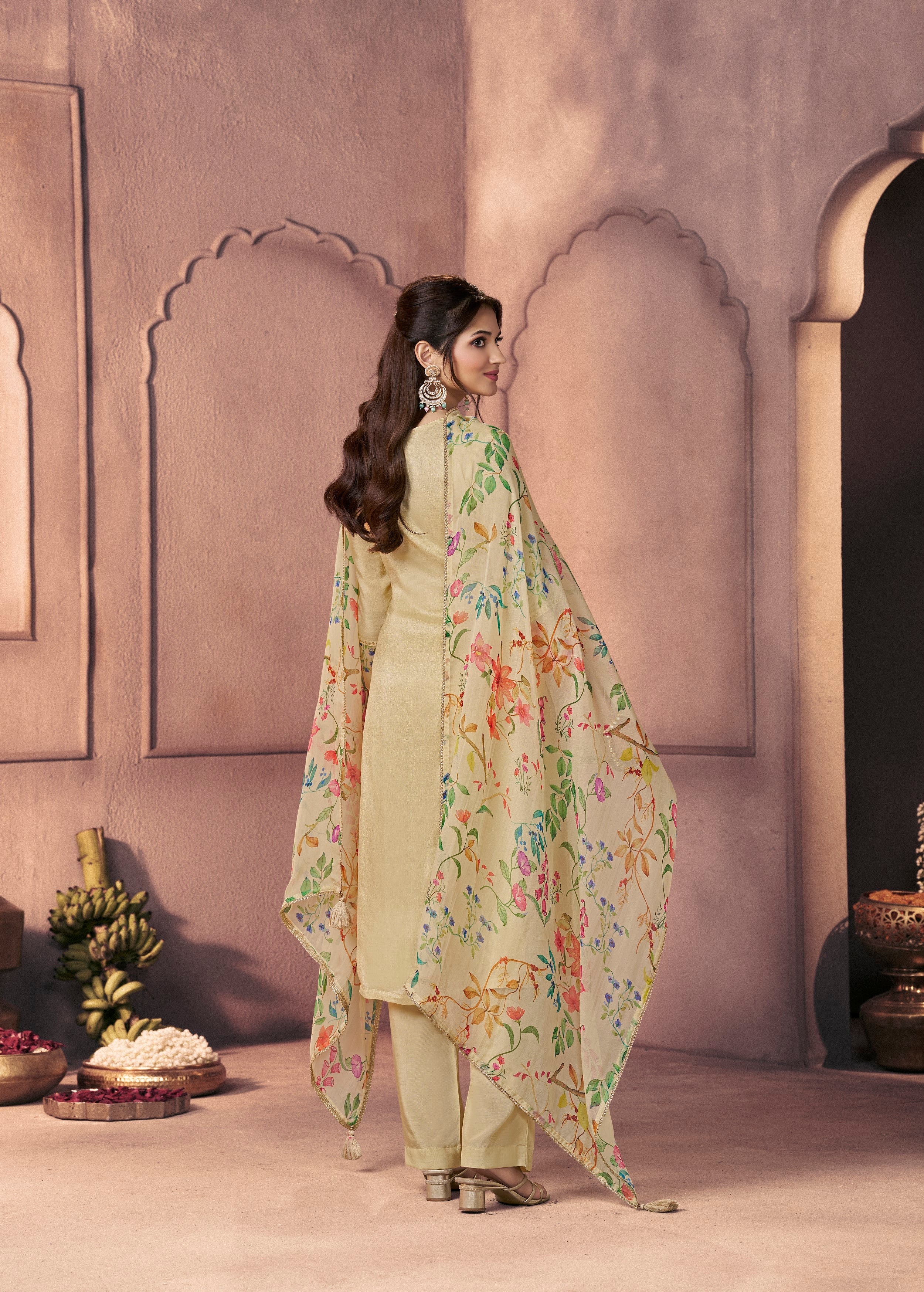 Light Beige Printed Dola Silk Pant Set