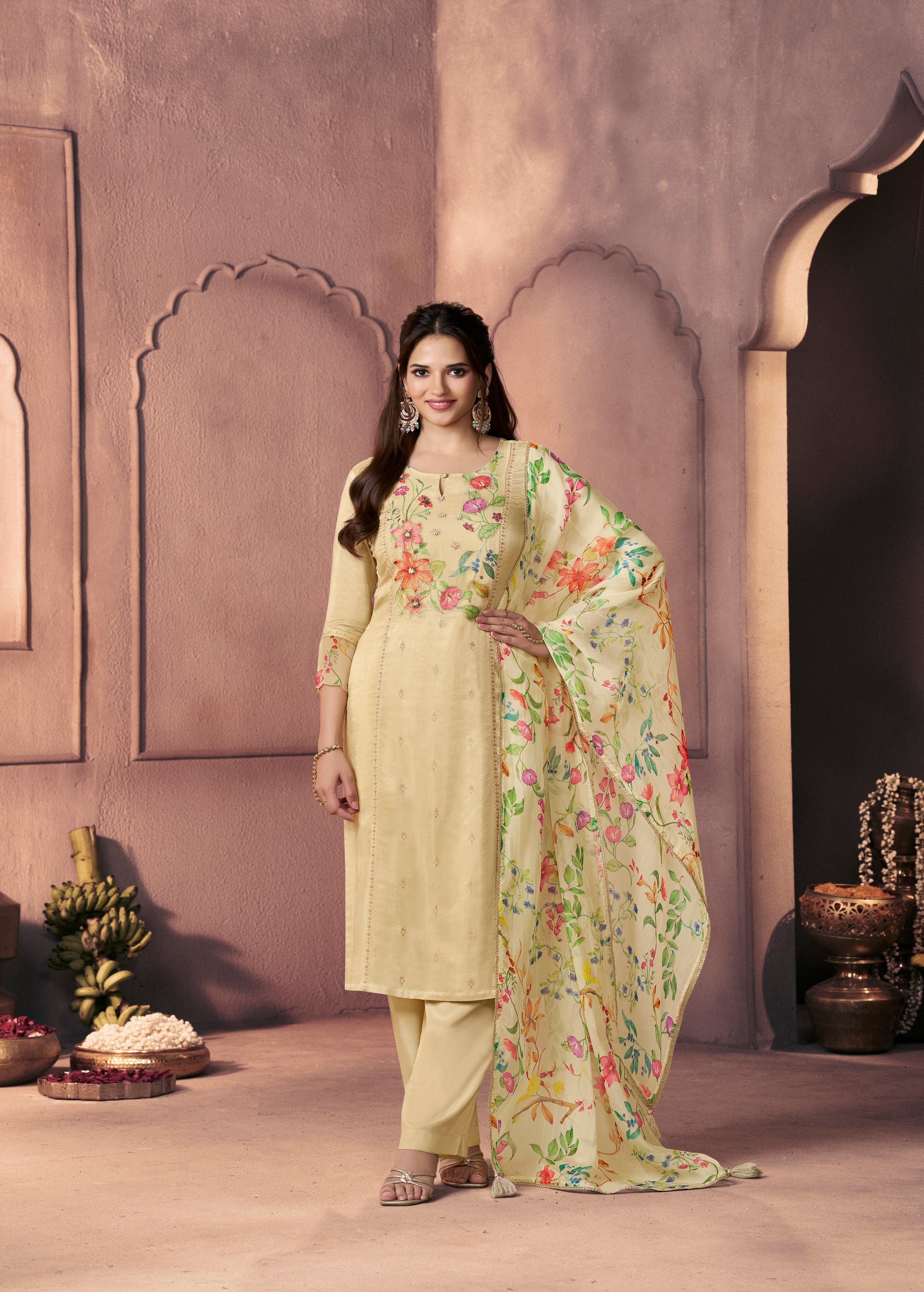 Light Beige Printed Dola Silk Pant Set