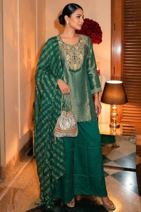Royal Green Embellished Brocade Silk Palazzo Set