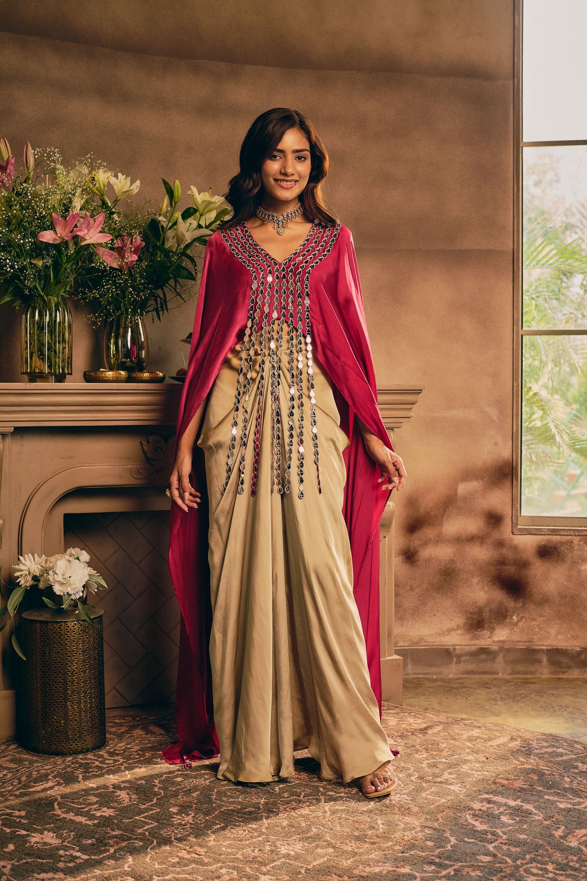 Bloom Pink Embellished Satin Silk Skirt Set