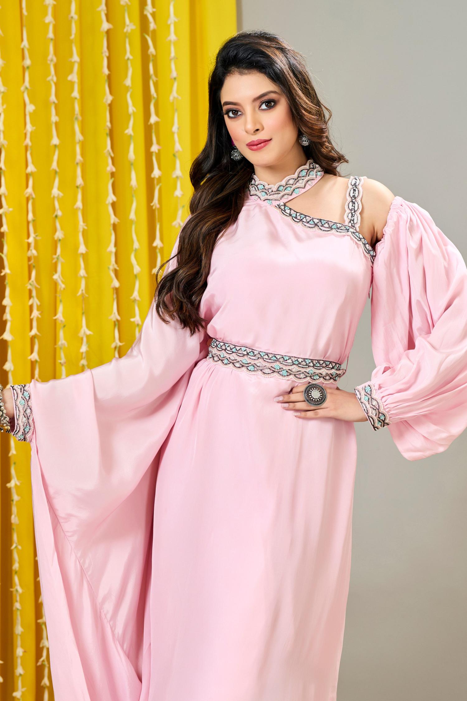 Light Pink Embellished Crepe Silk Draped Gown