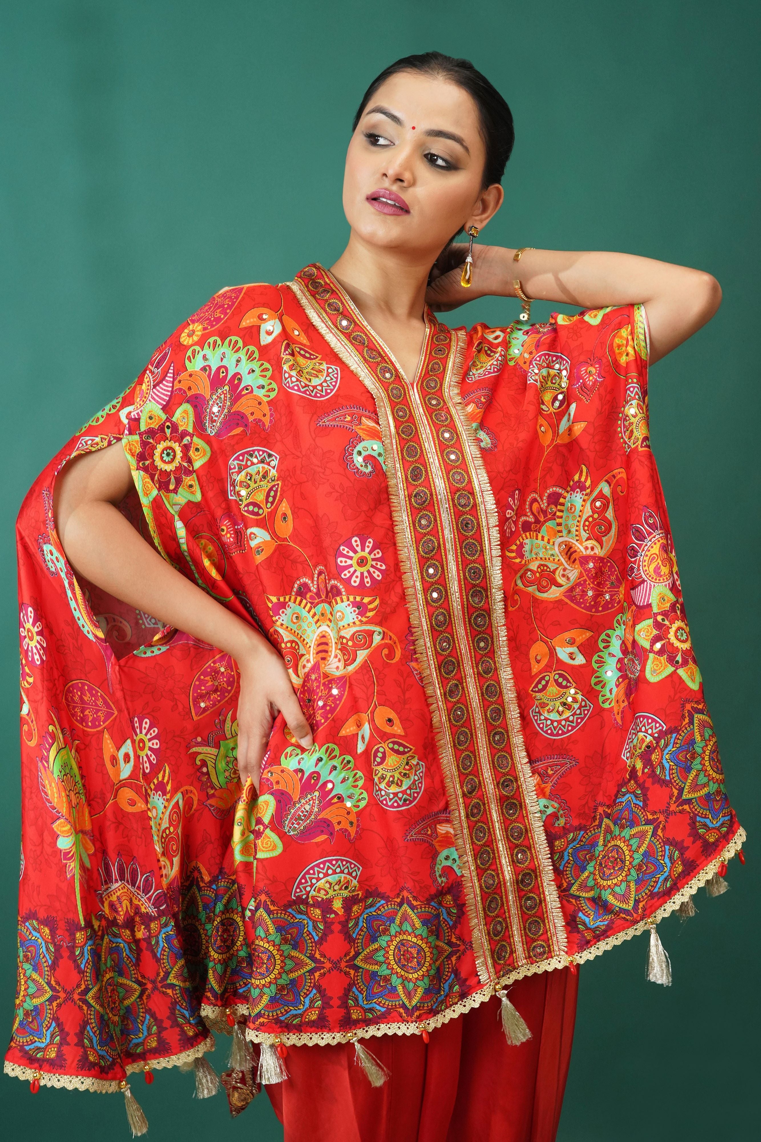 Red Floral Printed Crepe Silk Kaftan Set