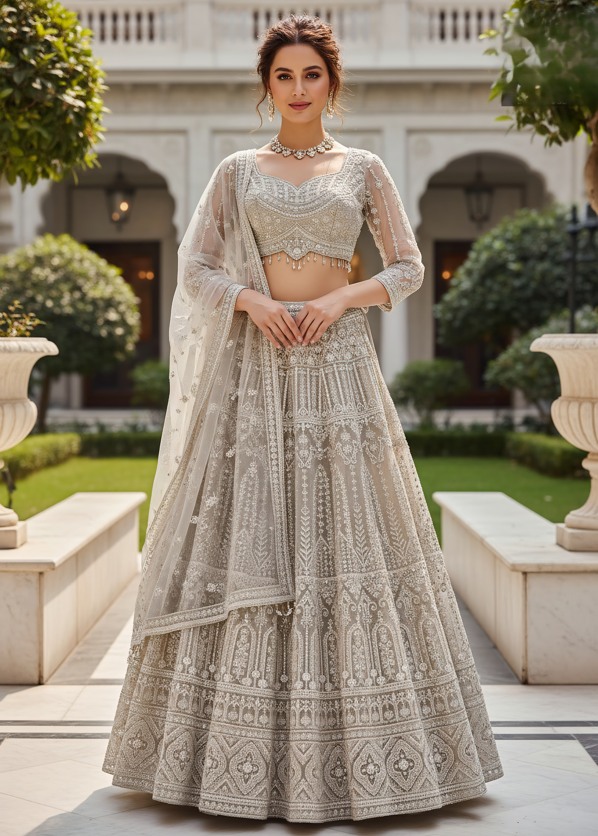 Pearl White Embellished Mono Net Lehenga Set