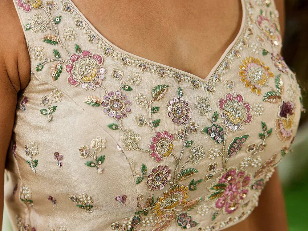 Cream & Pink Embellished Shimmer Tissue Silk Lehenga Set