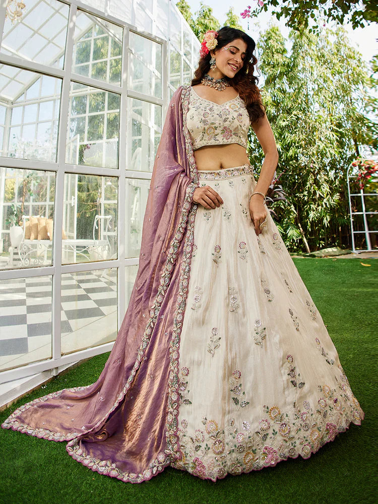 Cream & Lavender Embellished Shimmer Tissue Silk Lehenga Set