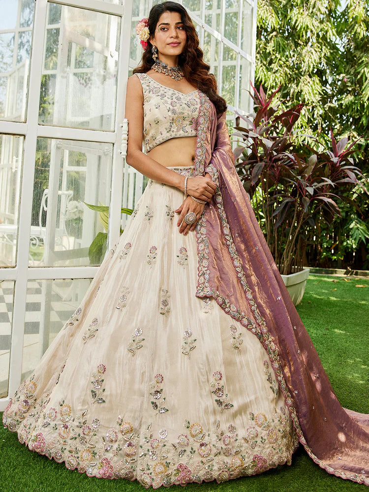 Cream & Lavender Embellished Shimmer Tissue Silk Lehenga Set