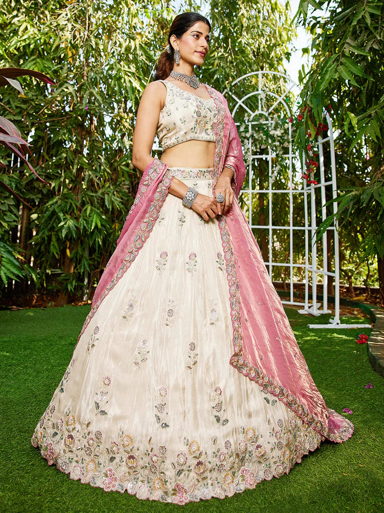 Cream & Pink Embellished Shimmer Tissue Silk Lehenga Set