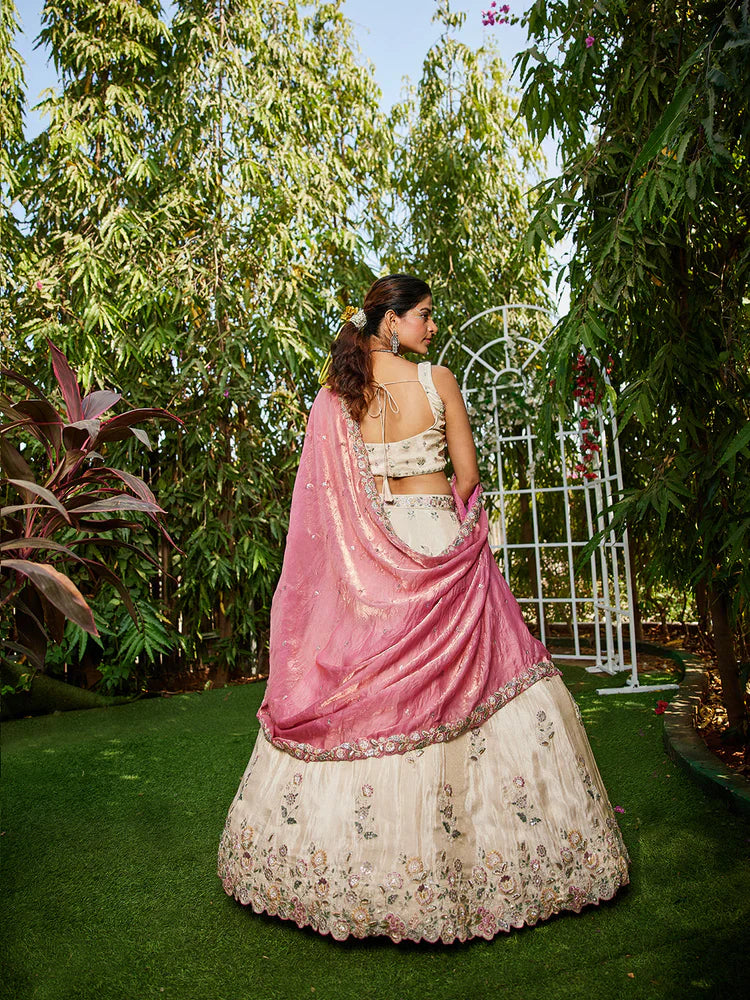 Cream & Pink Embellished Shimmer Tissue Silk Lehenga Set