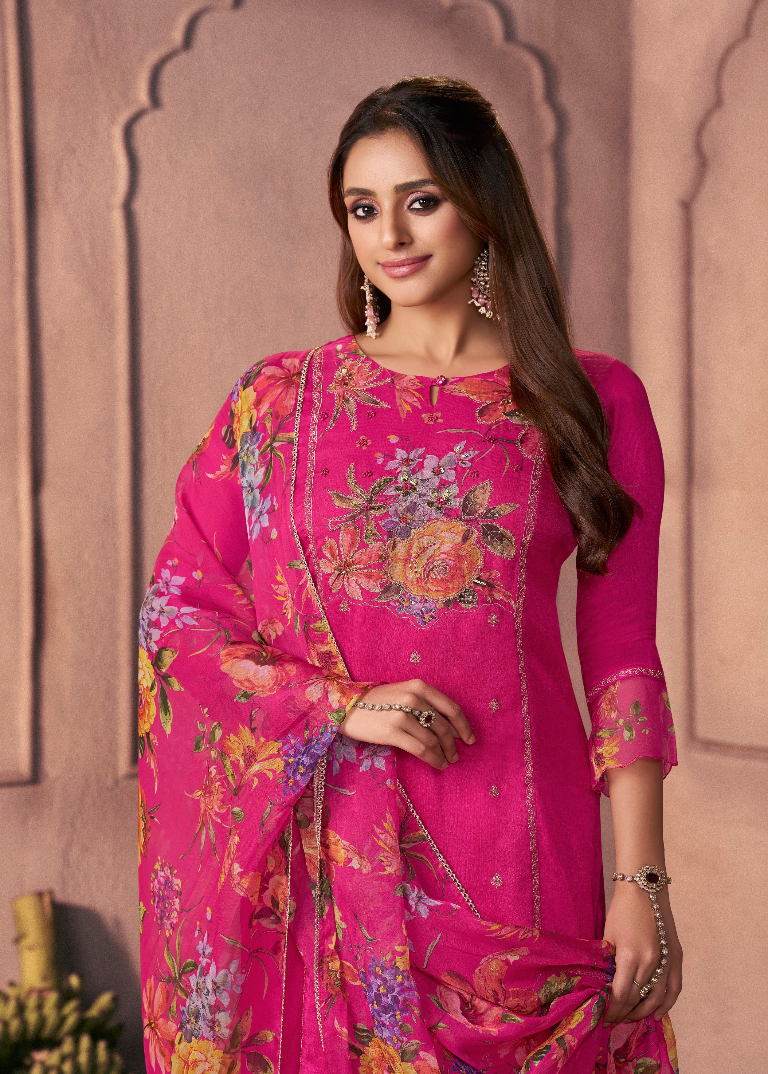 Ruby Pink Printed Dola Silk Pant Set