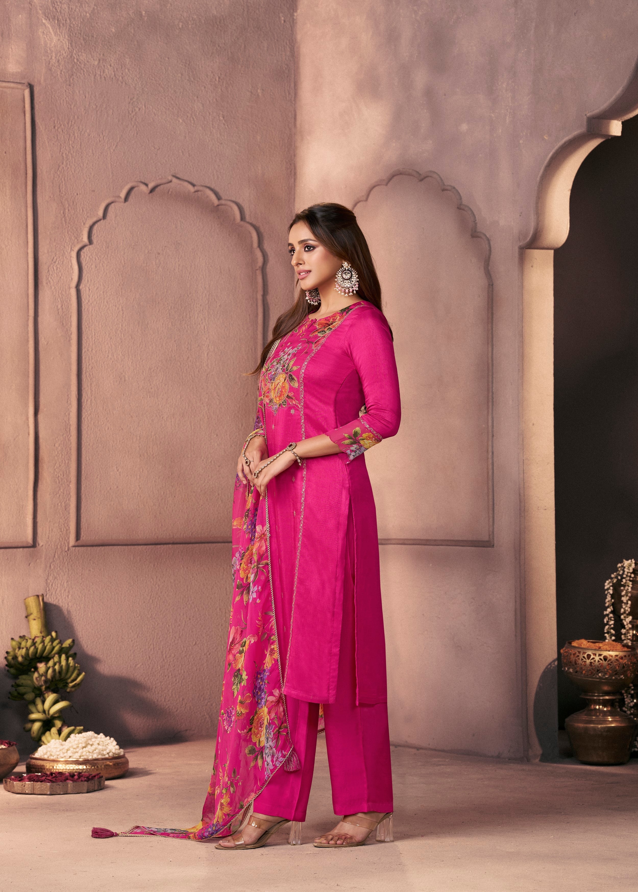 Ruby Pink Printed Dola Silk Pant Set