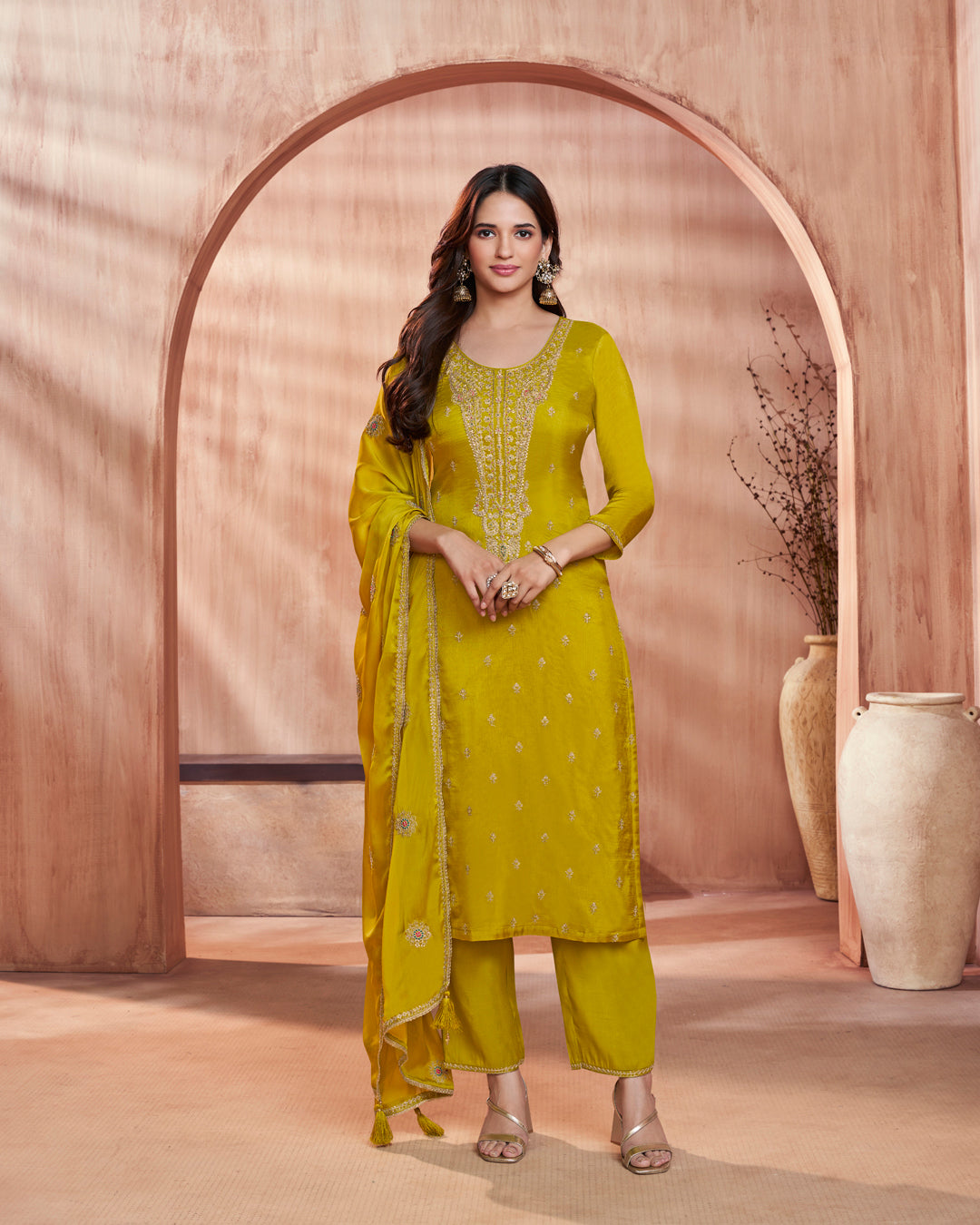 Citrine Bloom Embellished Vichitra Silk Pant Set