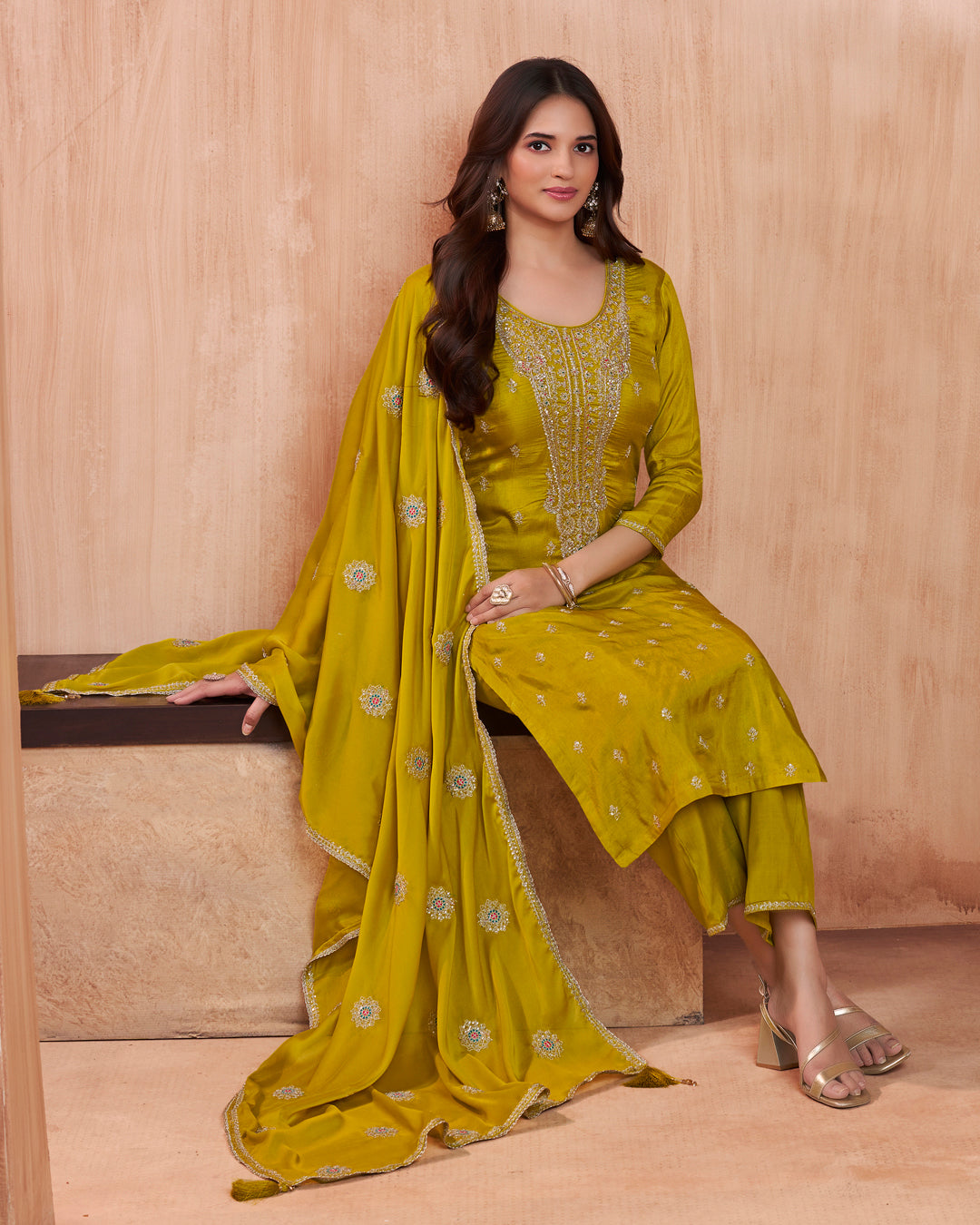 Citrine Bloom Embellished Vichitra Silk Pant Set