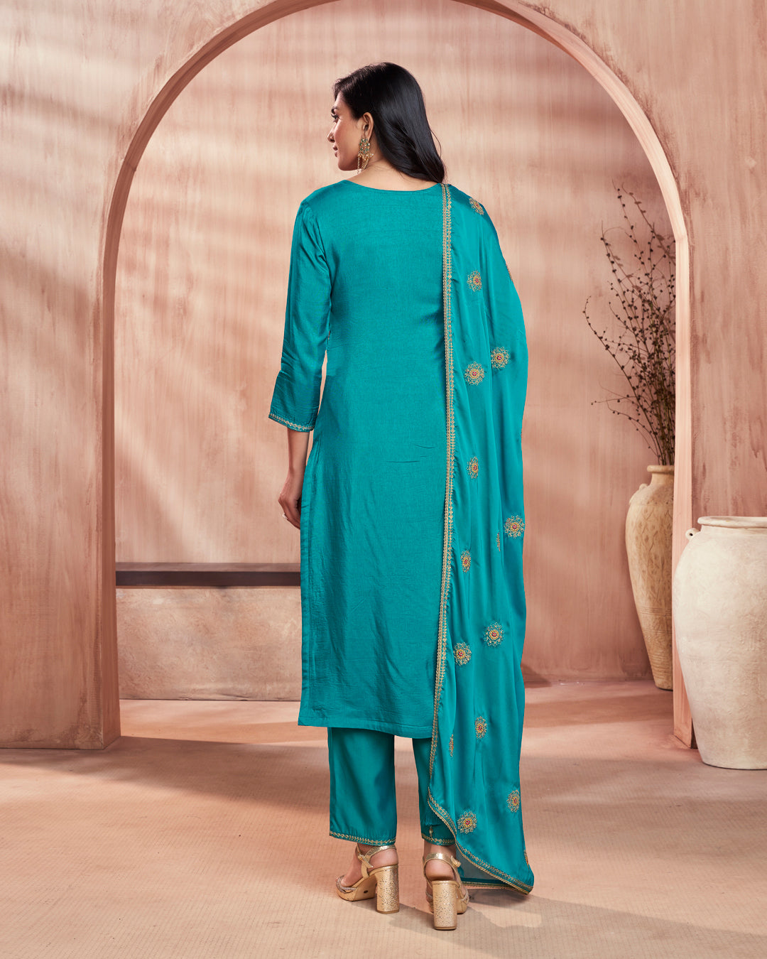 Cerulean Bloom Embellished Vichitra Silk Pant Set