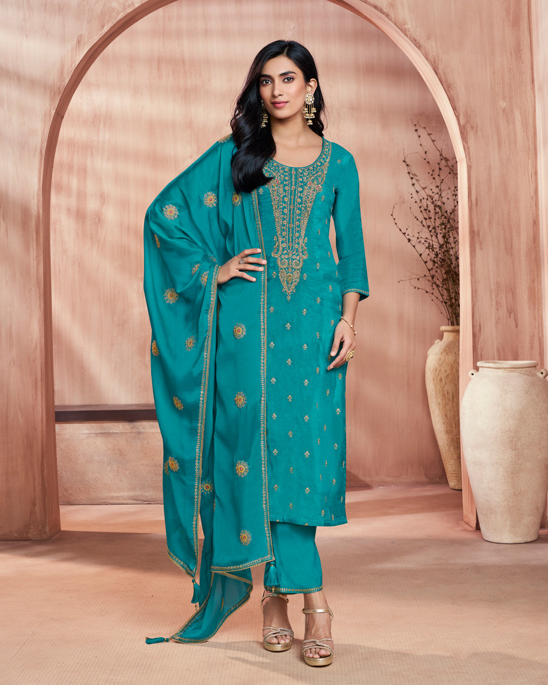 Cerulean Bloom Embellished Vichitra Silk Pant Set