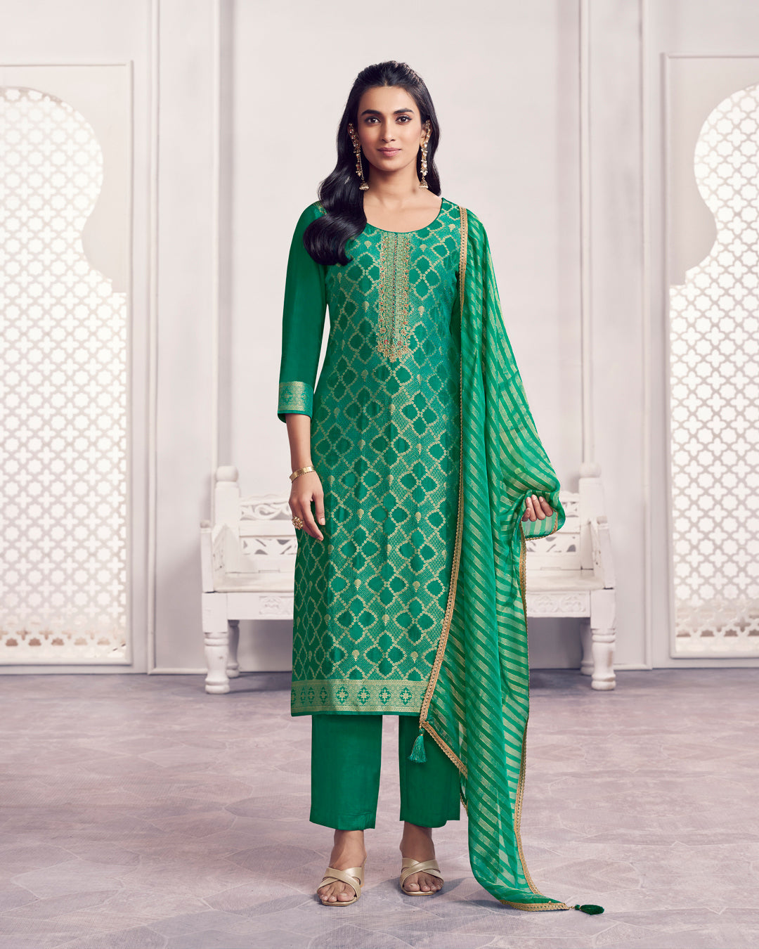 Jade Glow Embellished Chiniya Silk Pant Set