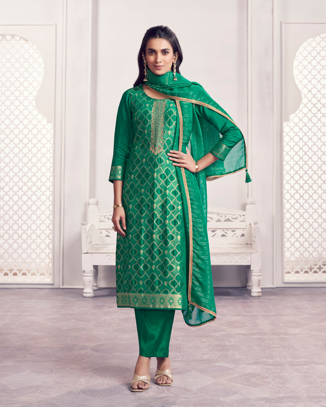 Jade Glow Embellished Chiniya Silk Pant Set